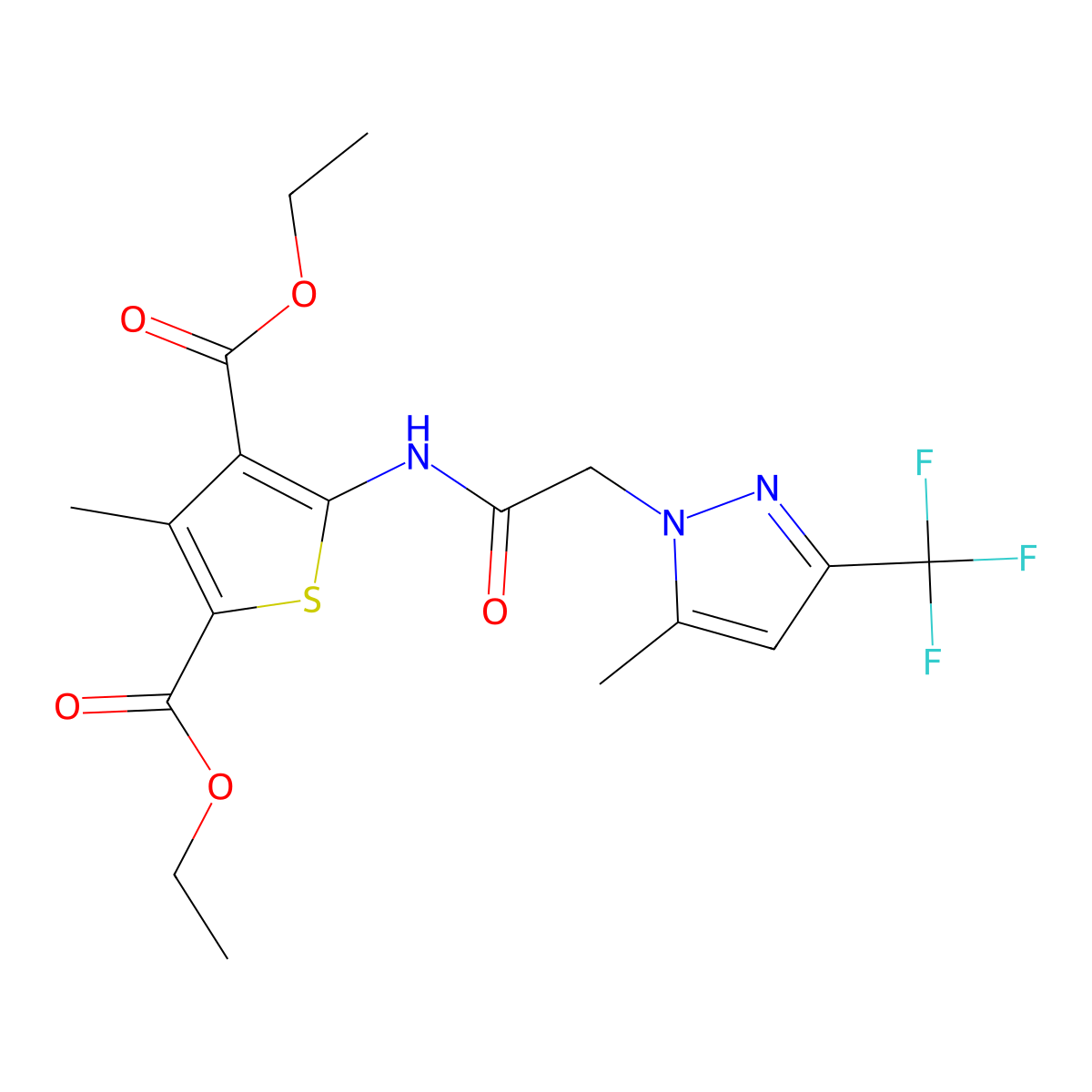 diethyl 3-methyl-5-({[5-methyl-3-(trifluoromethyl)-1H-pyrazol-1-yl]acetyl}amino)-2,4-thiophenedicarboxylate molecular structure, CAS 299406-48-7