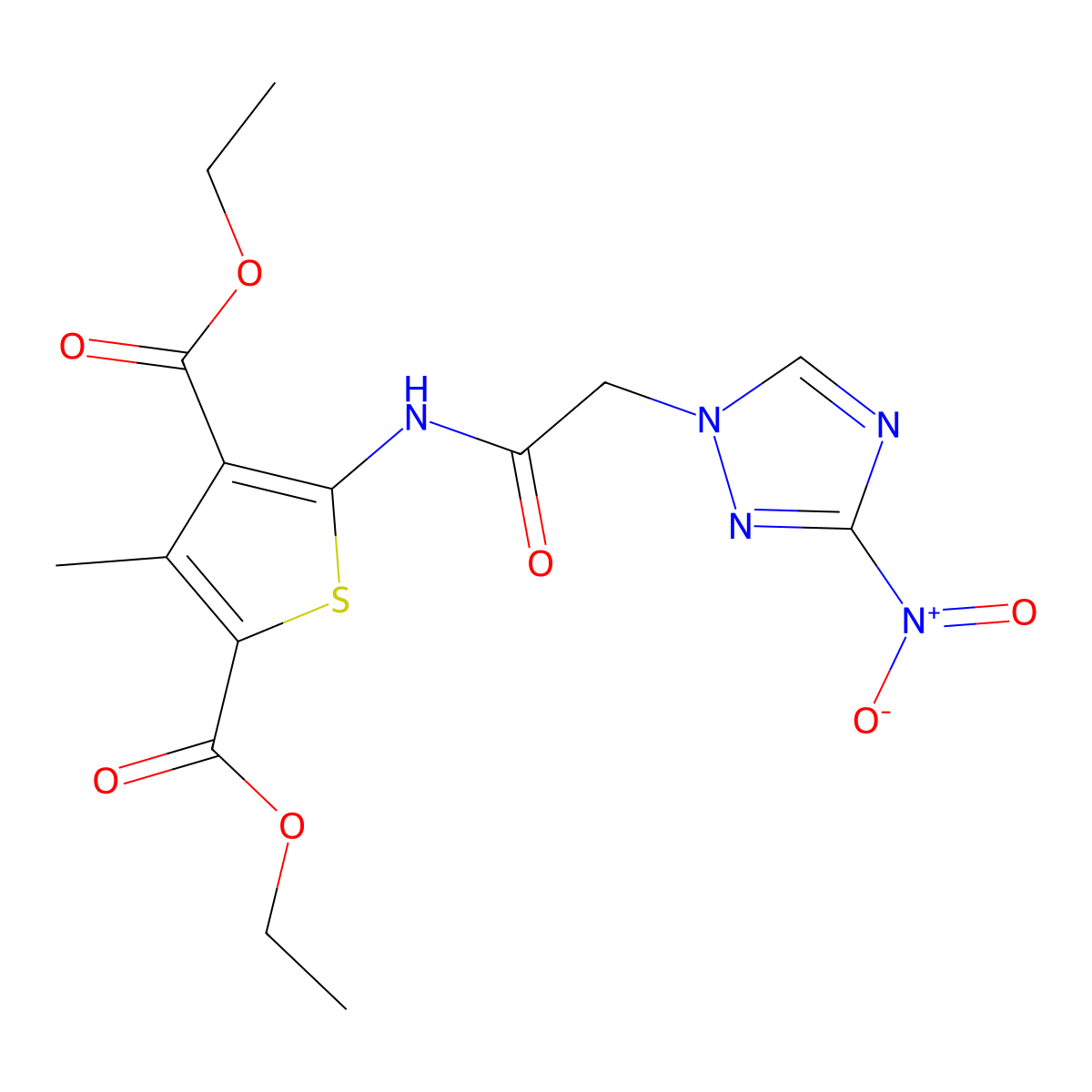 Diethyl 3-methyl-5-[[2-(3-nitro-1,2,4-triazol-1-yl)acetyl]amino]thiophene-2,4-dicarboxylate molecular structure, CAS 299406-53-4