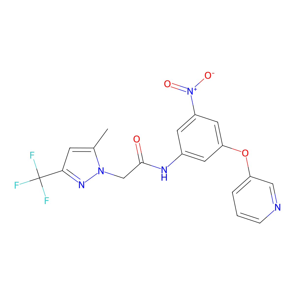 2-[5-methyl-3-(trifluoromethyl)pyrazol-1-yl]-N-(3-nitro-5-pyridin-3-yloxyphenyl)acetamide molecular structure, CAS 299406-54-5