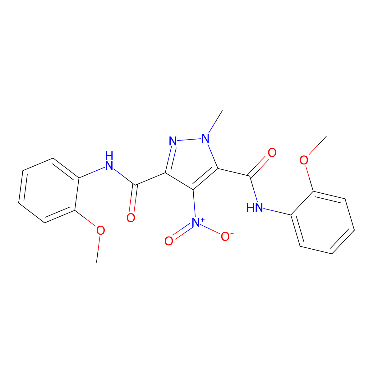 N,N'-bis(2-methoxyphenyl)-1-methyl-4-nitro-1H-pyrazole-3,5-dicarboxamide molecular structure, CAS 299406-65-8
