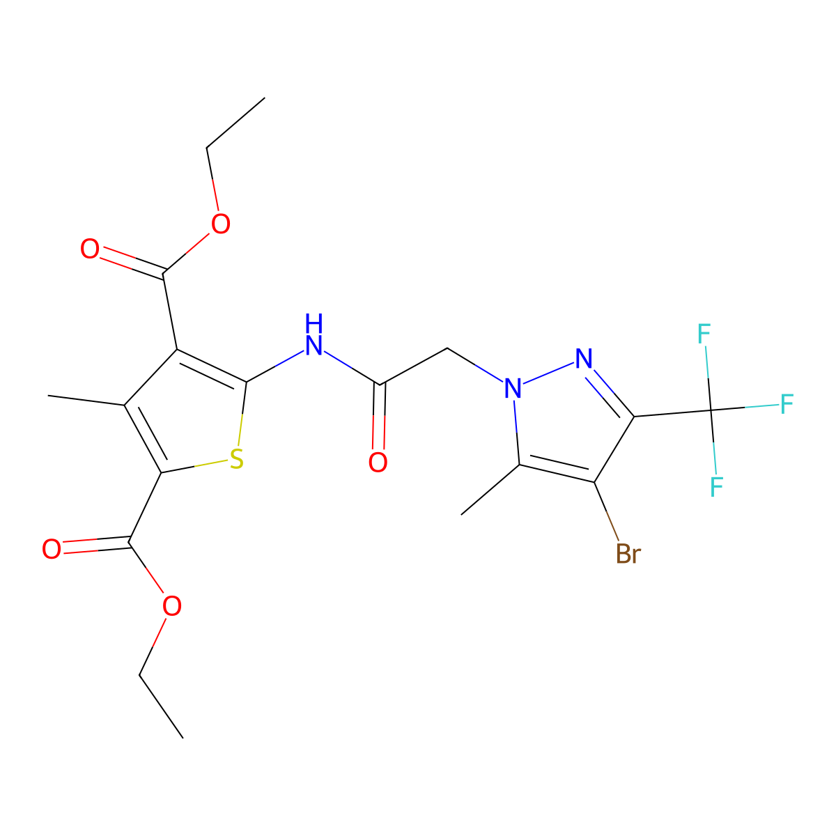 diethyl 5-({[4-bromo-5-methyl-3-(trifluoromethyl)-1H-pyrazol-1-yl]acetyl}amino)-3-methyl-2,4-thiophenedicarboxylate molecular structure, CAS 299406-74-9