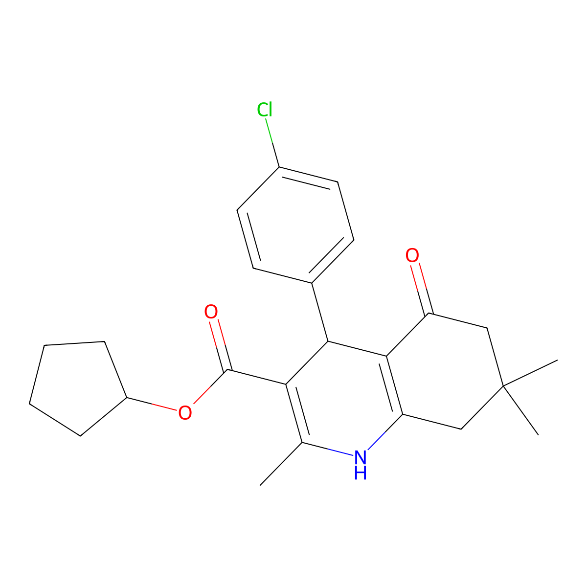 Cyclopentyl 4-(4-chlorophenyl)-2,7,7-trimethyl-5-oxo-1,4,5,6,7,8-hexahydroquinoline-3-carboxylate molecular structure, CAS 299407-87-7