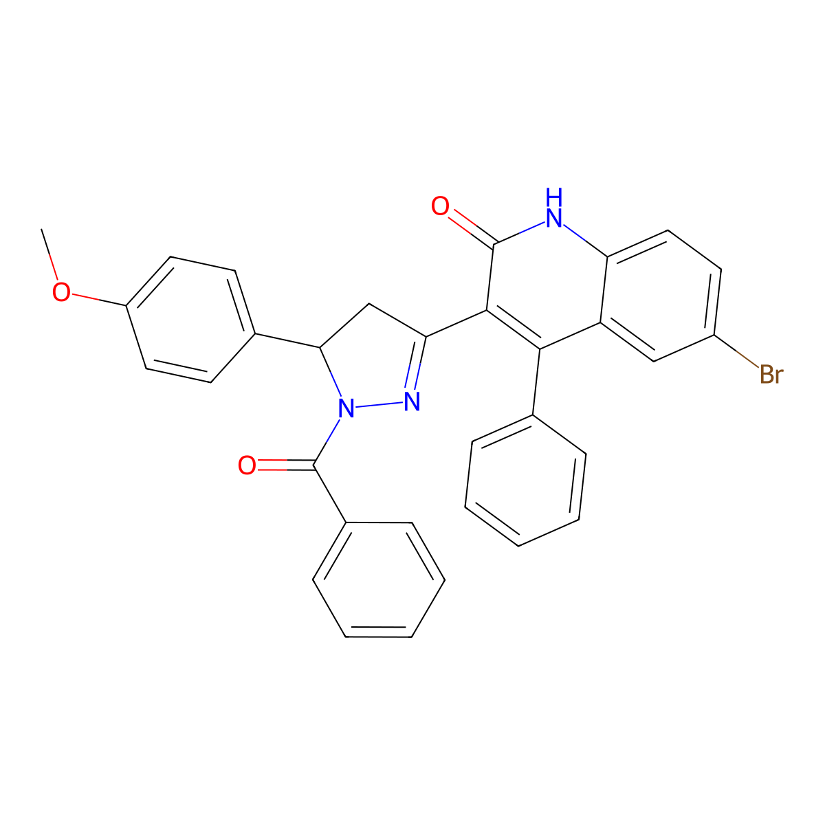 3-(1-benzoyl-5-(4-methoxyphenyl)-4,5-dihydro-1H-pyrazol-3-yl)-6-bromo-4-phenylquinolin-2(1H)-one molecular structure, CAS 299418-88-5
