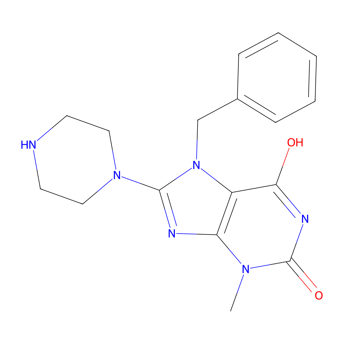 7-Benzyl-3-methyl-8-piperazin-1-yl-3,7-dihydro-purine-2,6-dione molecular structure, CAS 299419-33-3