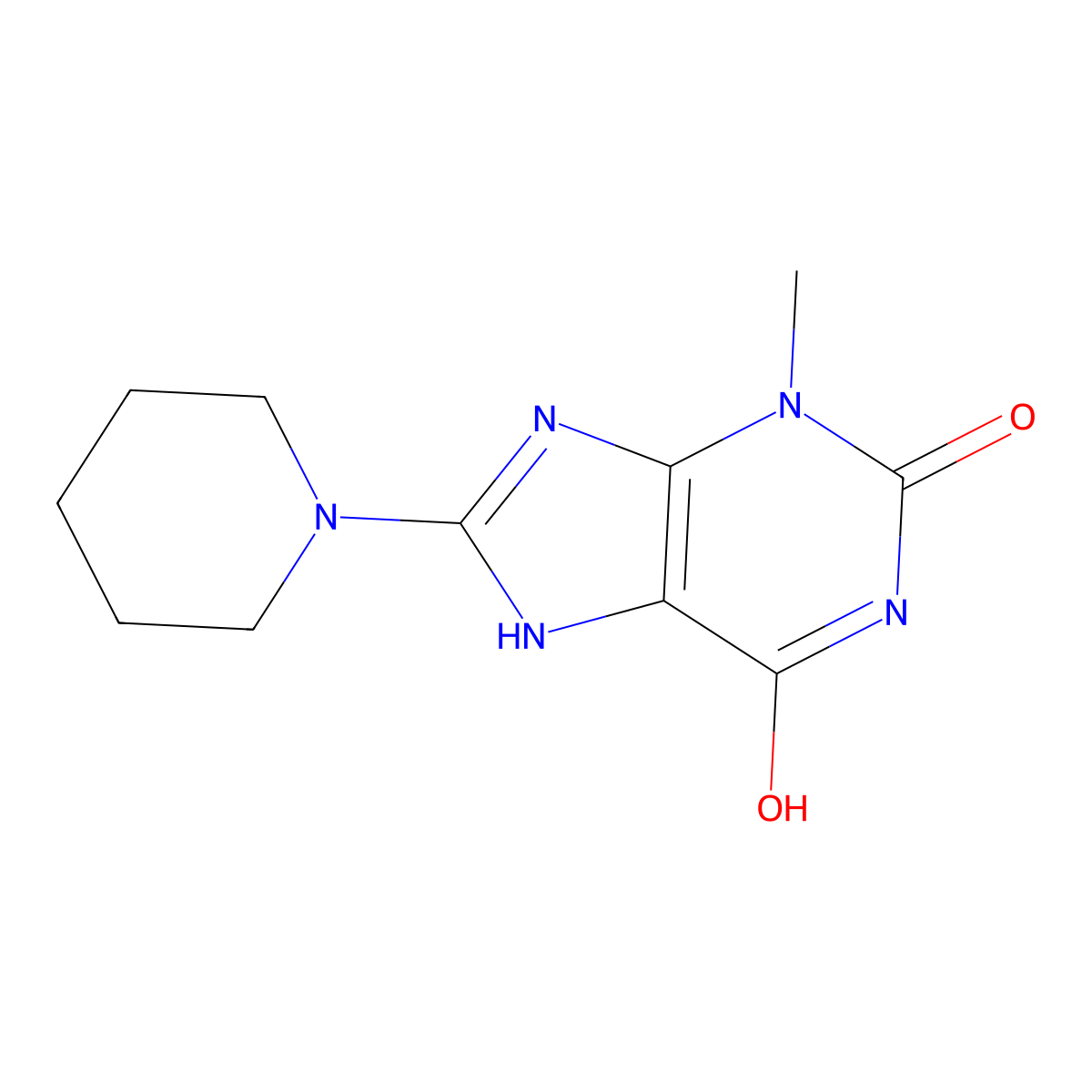 3-Methyl-8-(piperidin-1-yl)-1H-purine-2,6(3H,7H)-dione molecular structure, CAS 299419-36-6
