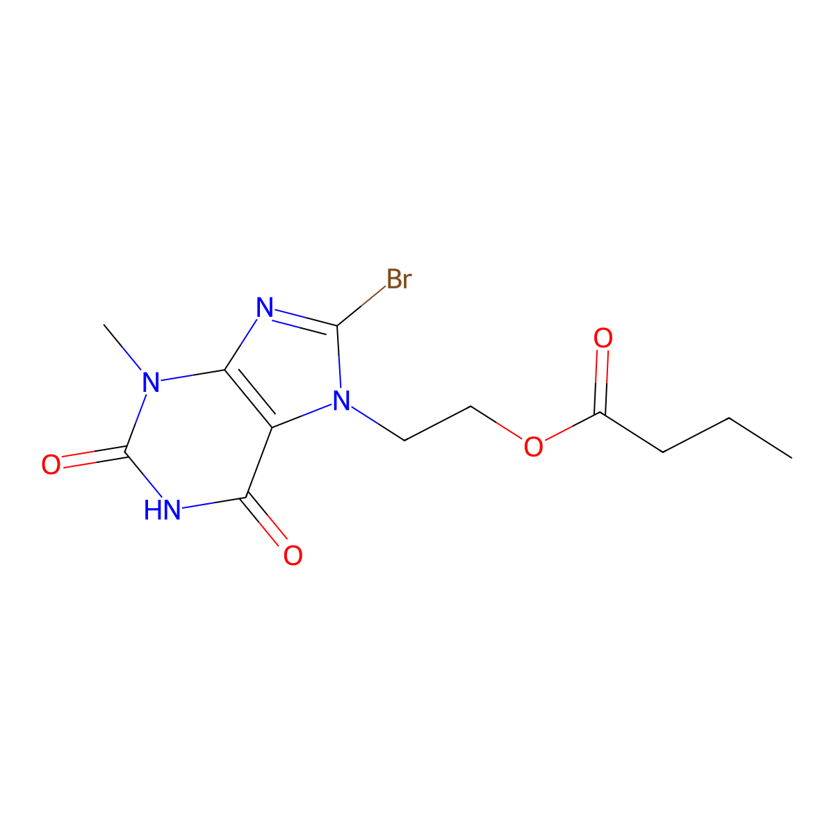Butyric acid 2-(8-bromo-3-methyl-2,6-dioxo-1,2,3,6-tetrahydro-purin-7-yl)-ethyl ester molecular structure, CAS 299419-60-6
