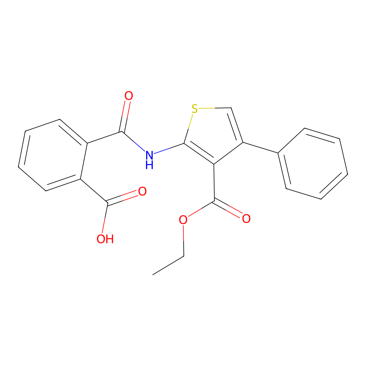 2-((3-(Ethoxycarbonyl)-4-phenylthiophen-2-yl)carbamoyl)benzoic acid molecular structure, CAS 299419-80-0