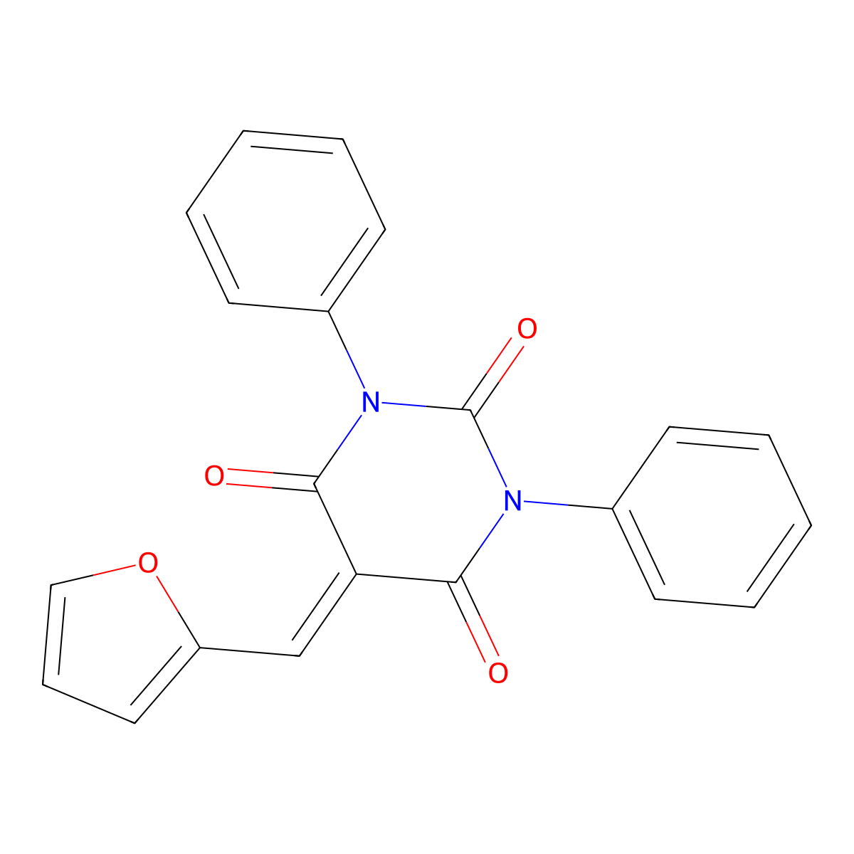 5-(2-furylmethylene)-1,3-diphenyl-2,4,6(1H,3H,5H)-pyrimidinetrione molecular structure, CAS 299420-38-5