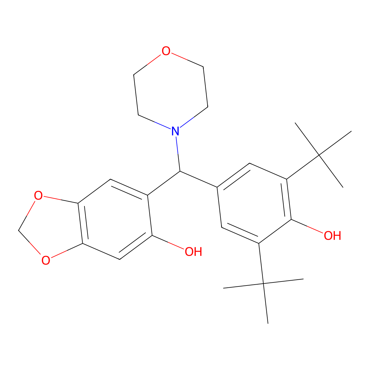 6-((3,5-Di-tert-butyl-4-hydroxyphenyl)(morpholino)methyl)benzo[d][1,3]dioxol-5-ol molecular structure, CAS 299420-83-0