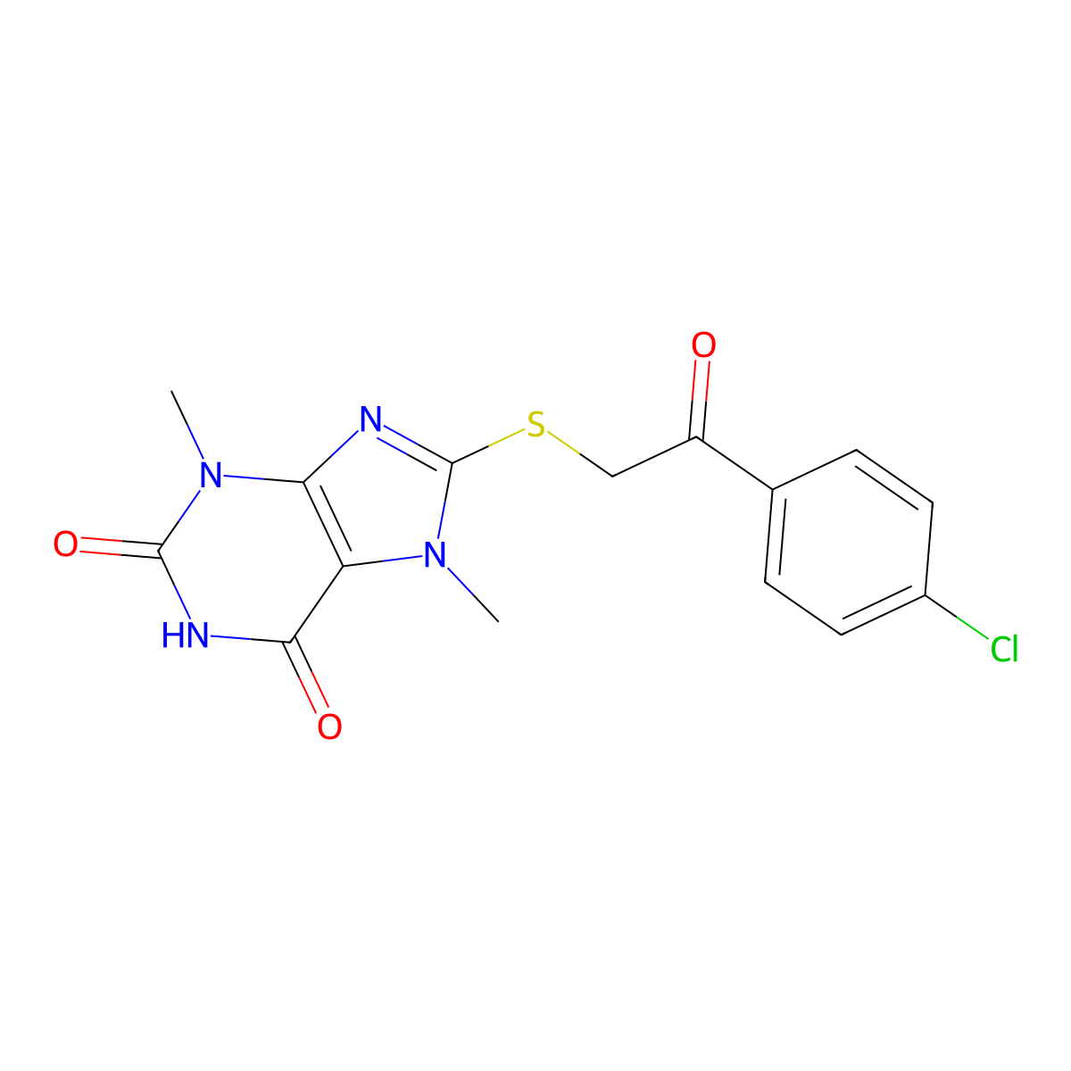 8-((2-(4-chlorophenyl)-2-oxoethyl)thio)-3,7-dimethyl-1H-purine-2,6(3H,7H)-dione molecular structure, CAS 299421-61-7