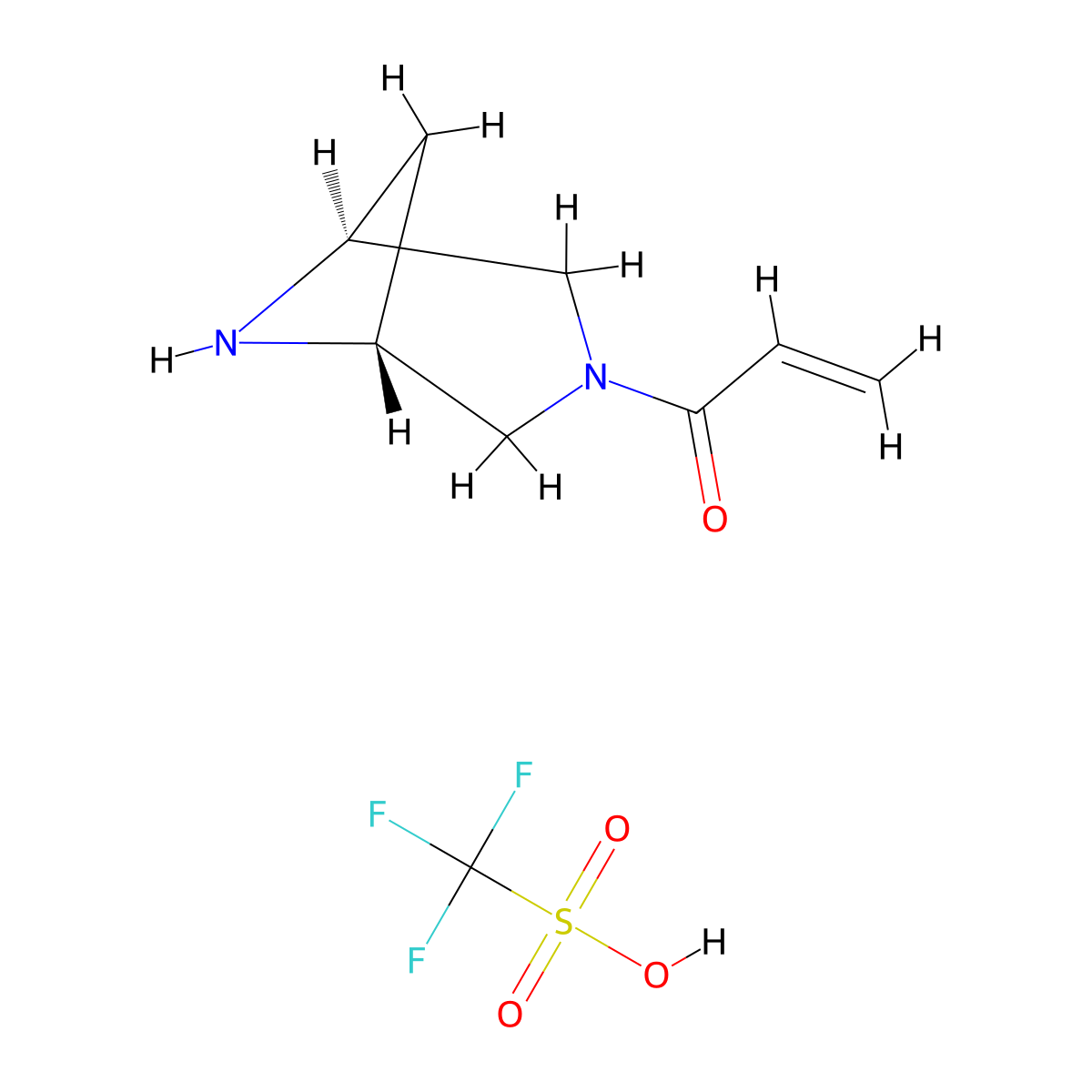1-[(1R,5S)-3,6-diazabicyclo[3.1.1]heptan-3-yl]prop-2-en-1-one, trifluoromethanesulfonic acid molecular structure, CAS 2994293-00-2