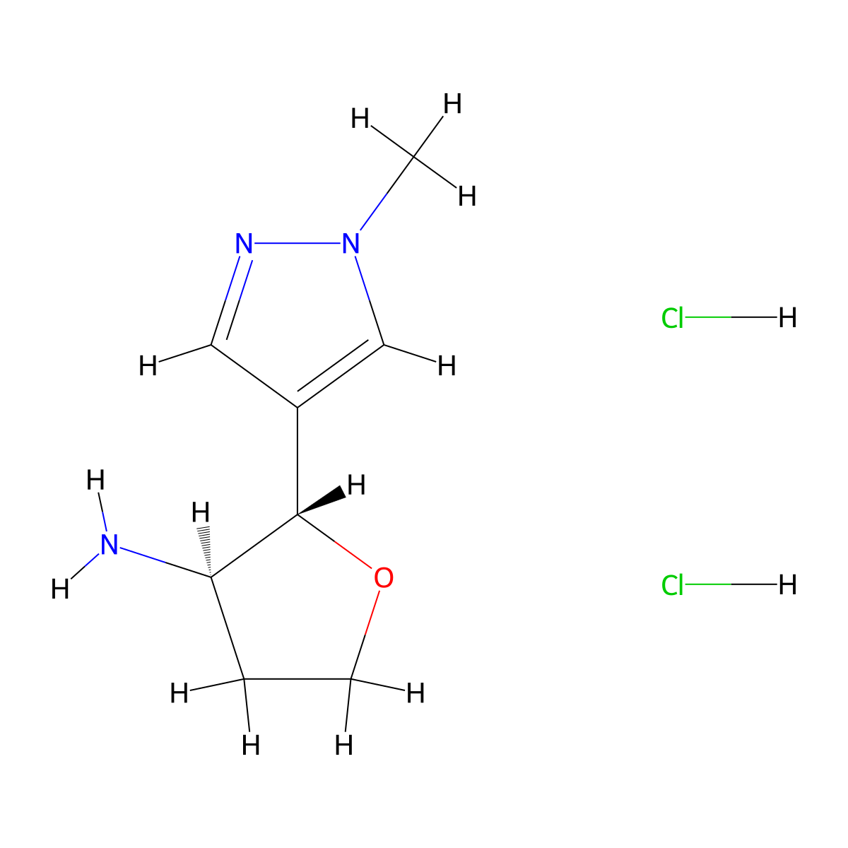 rac-(2R,3S)-2-(1-methyl-1H-pyrazol-4-yl)oxolan-3-amine dihydrochloride molecular structure, CAS 2994293-06-8