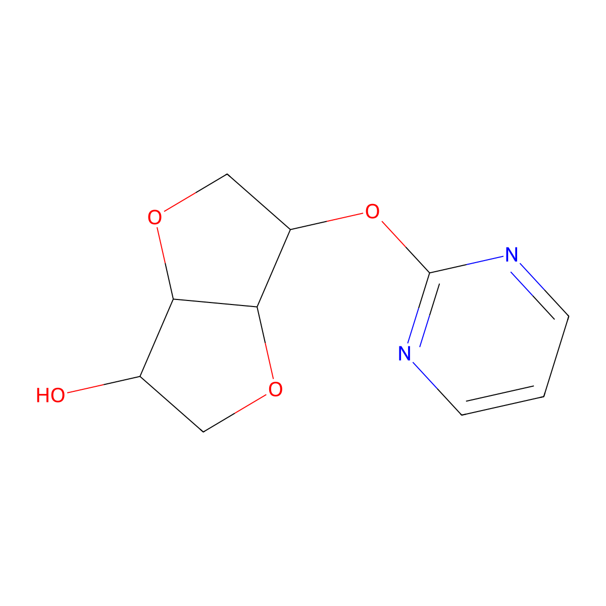 (3R,3aR,6R,6aR)-6-(2-Pyrimidinyloxy)hexahydrofuro[3,2-b]furan-3-ol molecular structure, CAS 2994297-58-2