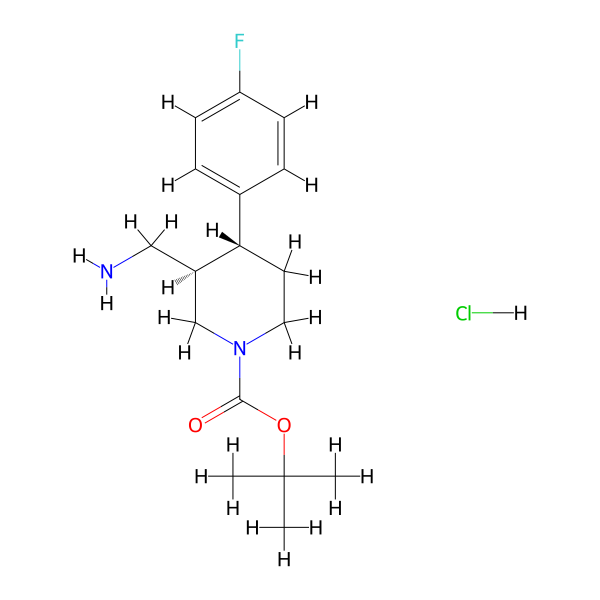 rac-tert-butyl (3R,4R)-3-(aminomethyl)-4-(4-fluorophenyl)piperidine-1-carboxylate hydrochloride molecular structure, CAS 2994316-64-0