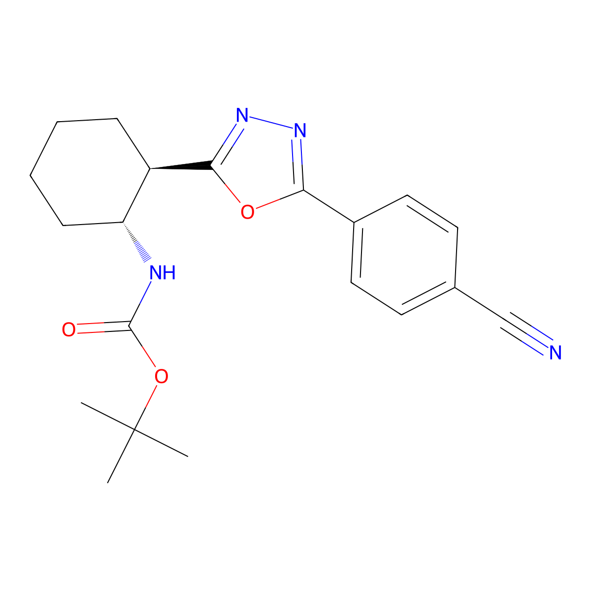Tert-butyl [(1R,2R)-2-[5-(4-cyanophenyl)-1,3,4-oxadiazol-2-YL]cyclohexyl]carbamate molecular structure, CAS 2994331-89-2