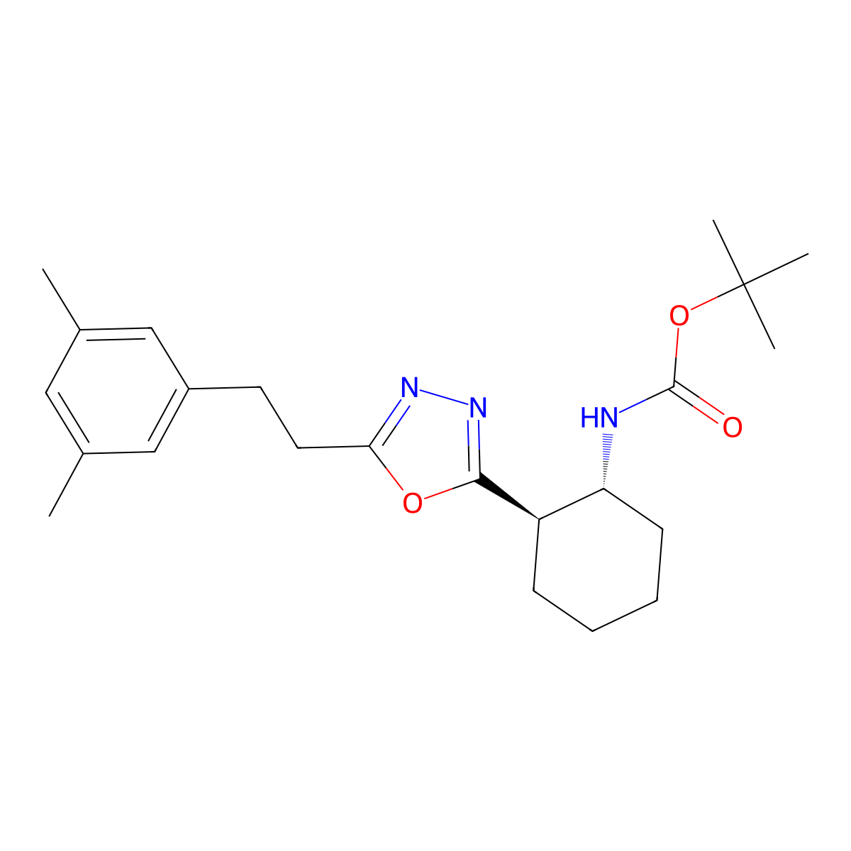 Tert-butyl ((1R,2R)-2-[5-[2-(3,5-dimethylphenyl)ethyl]-1,3,4-oxadiazol-2-YL]cyclohexyl)carbamate molecular structure, CAS 2994333-76-3