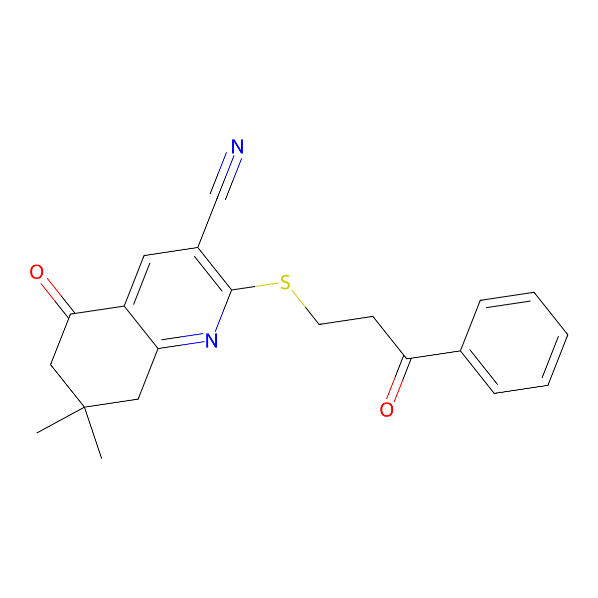 7,7-Dimethyl-5-oxo-2-[(3-oxo-3-phenylpropyl)sulfanyl]-5,6,7,8-tetrahydroquinoline-3-carbonitrile molecular structure, CAS 299439-03-5