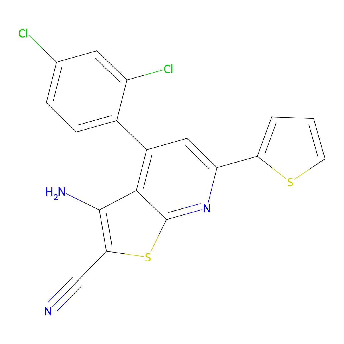 3-Amino-4-(2,4-dichlorophenyl)-6-(thiophen-2-yl)thieno[2,3-b]pyridine-2-carbonitrile molecular structure, CAS 299439-22-8