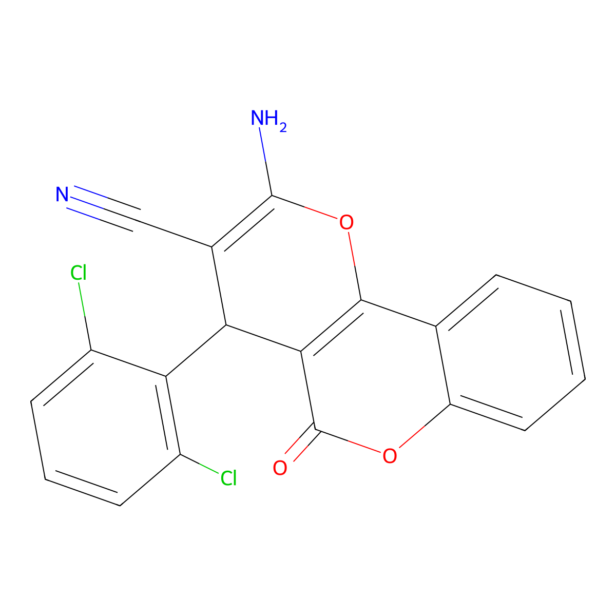 2-amino-4-(2,6-dichlorophenyl)-5-oxo-4H,5H-pyrano[3,2-c]chromene-3-carbonitrile molecular structure, CAS 299440-45-2