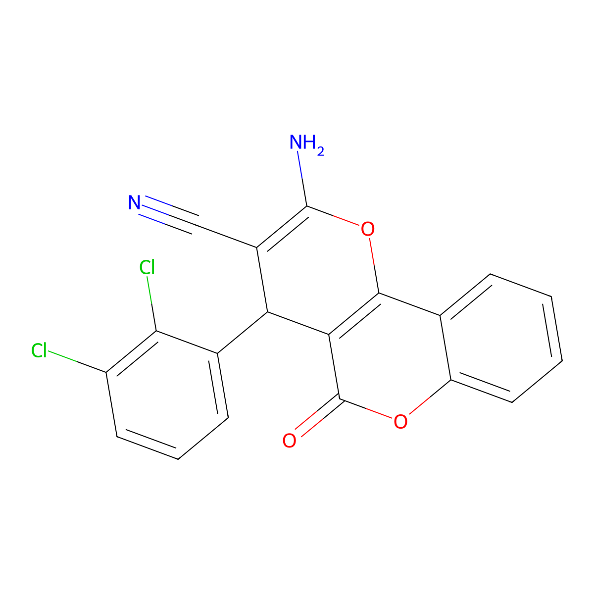 2-amino-4-(2,3-dichlorophenyl)-5-oxo-4H,5H-pyrano[3,2-c]chromene-3-carbonitrile molecular structure, CAS 299440-64-5