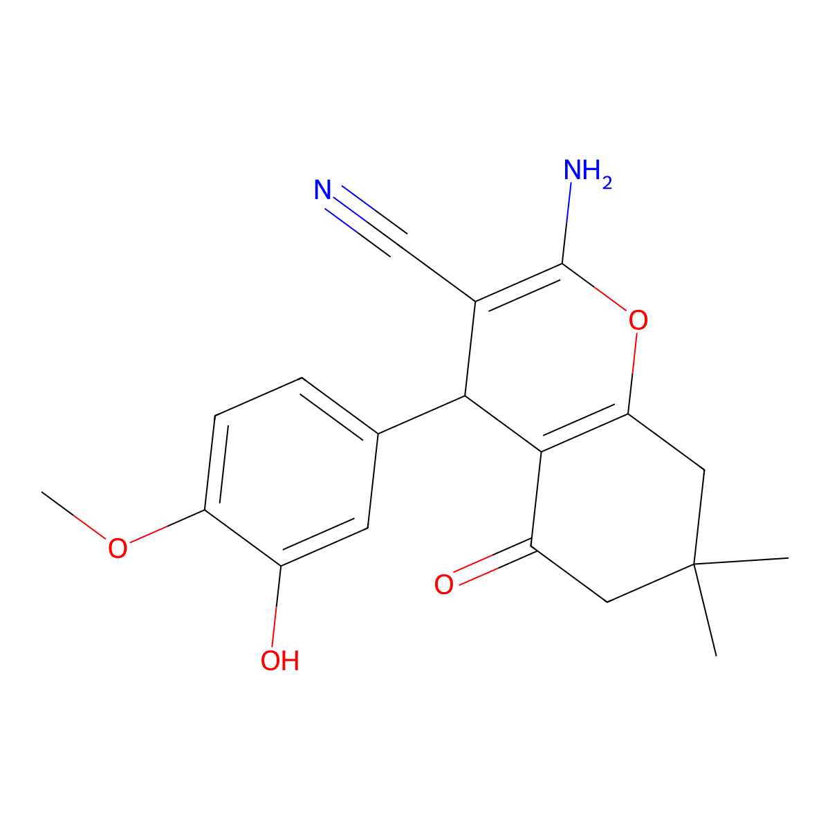 2-amino-4-(3-hydroxy-4-methoxyphenyl)-7,7-dimethyl-5-oxo-5,6,7,8-tetrahydro-4H-chromene-3-carbonitrile molecular structure, CAS 299440-94-1