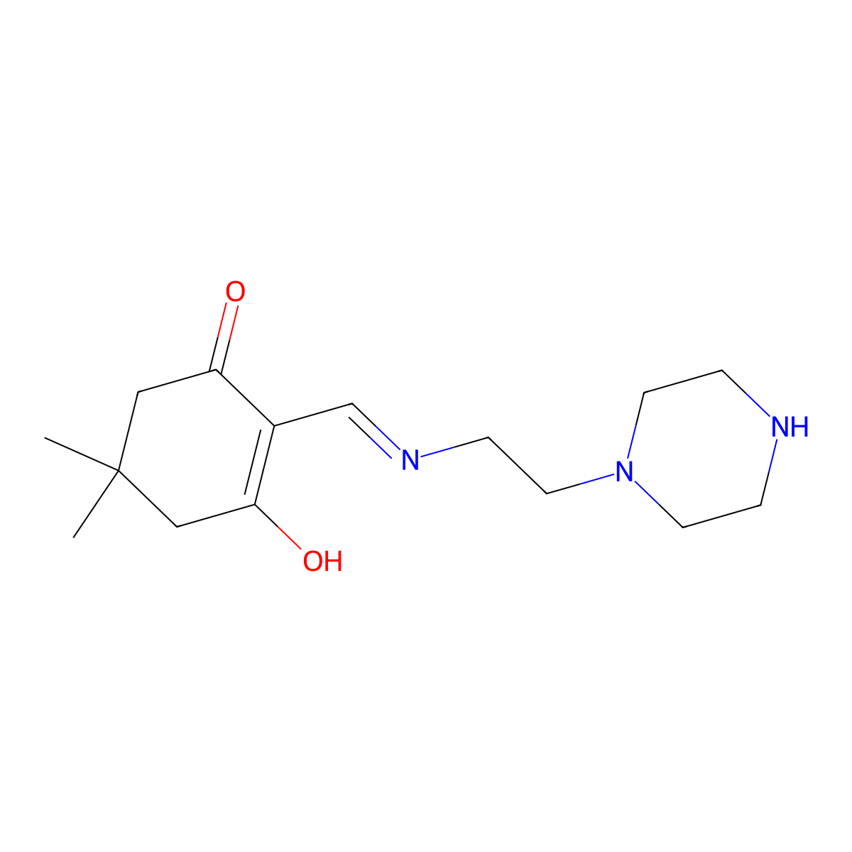 5,5-Dimethyl-2-[(2-piperazin-1-yl-ethylamino)-methylene]-cyclohexane-1,3-dione molecular structure, CAS 299443-43-9