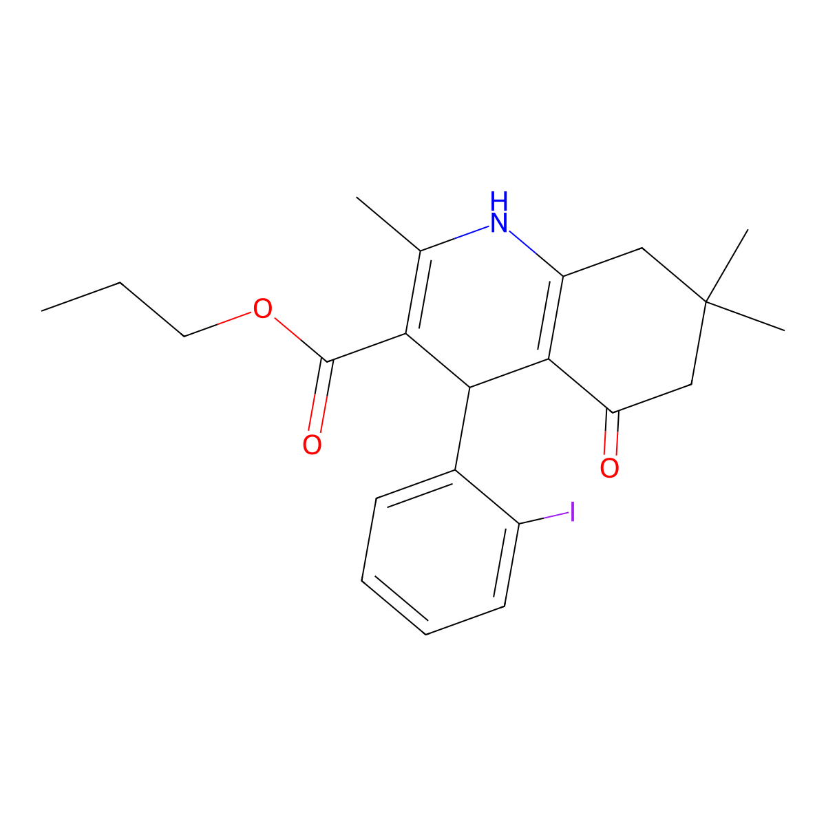 Propyl 4-(2-iodophenyl)-2,7,7-trimethyl-5-oxo-1,4,5,6,7,8-hexahydroquinoline-3-carboxylate molecular structure, CAS 299449-93-7