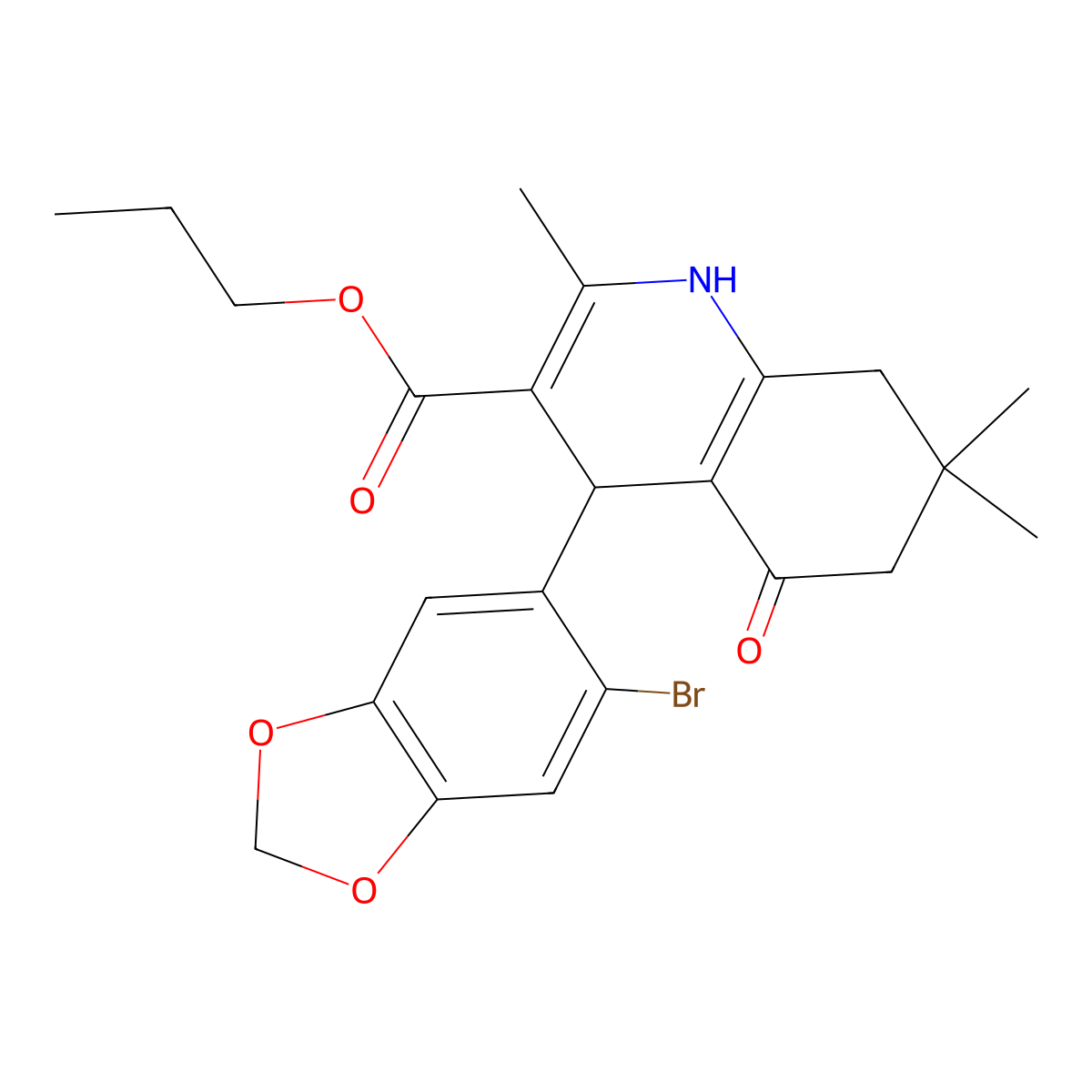 Propyl 4-(6-bromo-1,3-benzodioxol-5-yl)-2,7,7-trimethyl-5-oxo-1,4,5,6,7,8-hexahydro-3-quinolinecarboxylate molecular structure, CAS 299450-07-0