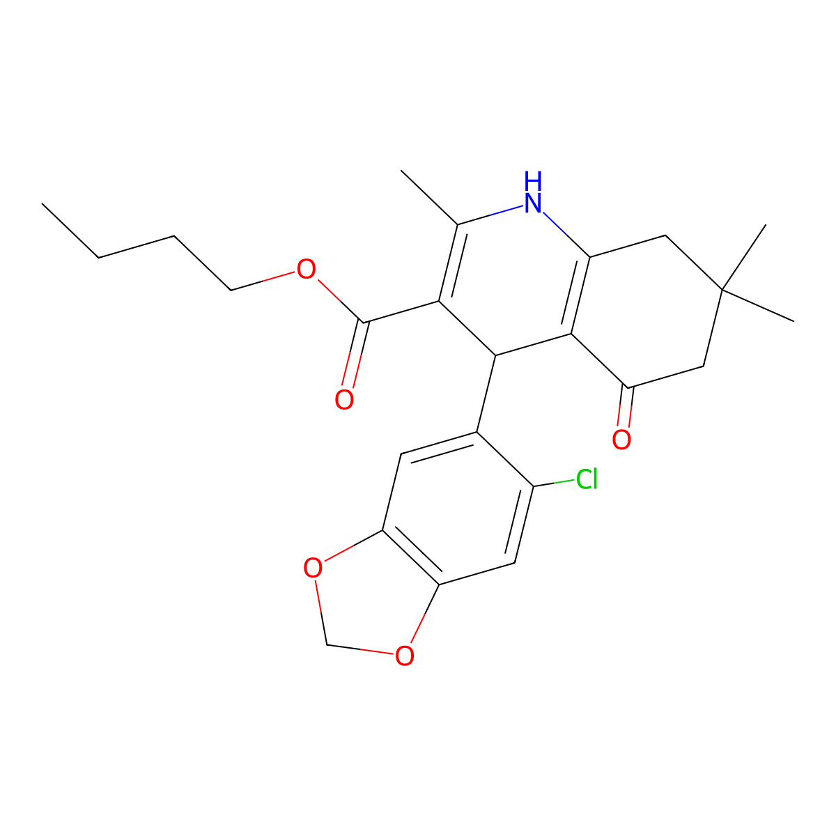 Butyl 4-(6-chloro-1,3-benzodioxol-5-yl)-2,7,7-trimethyl-5-oxo-1,4,5,6,7,8-hexahydroquinoline-3-carboxylate molecular structure, CAS 299450-35-4