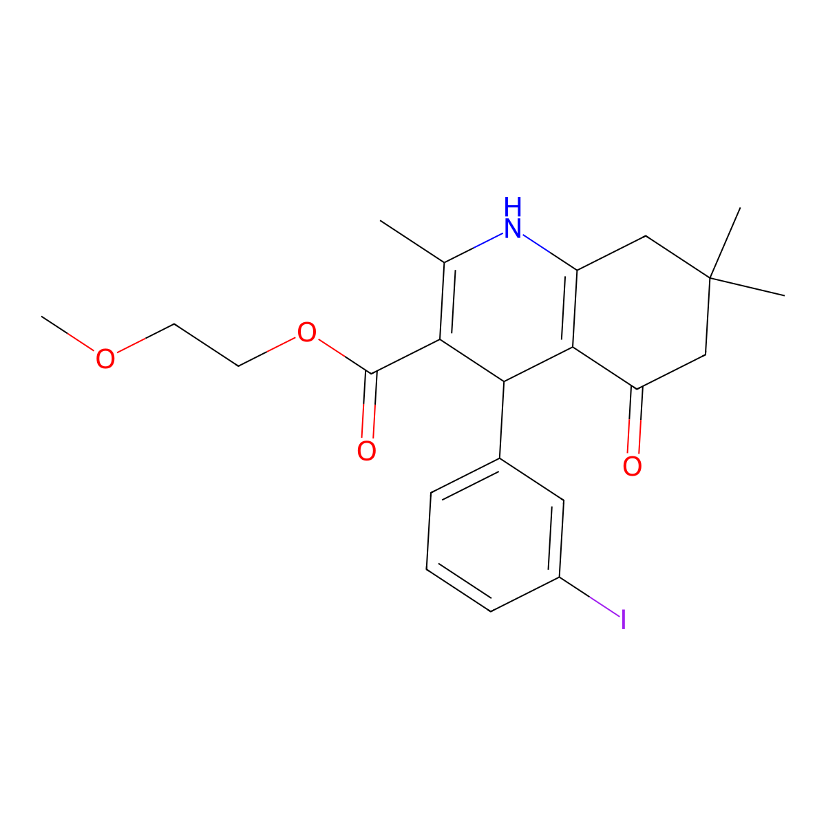2-(Methyloxy)ethyl 4-(3-iodophenyl)-2,7,7-trimethyl-5-oxo-1,4,5,6,7,8-hexahydroquinoline-3-carboxylate molecular structure, CAS 299450-44-5
