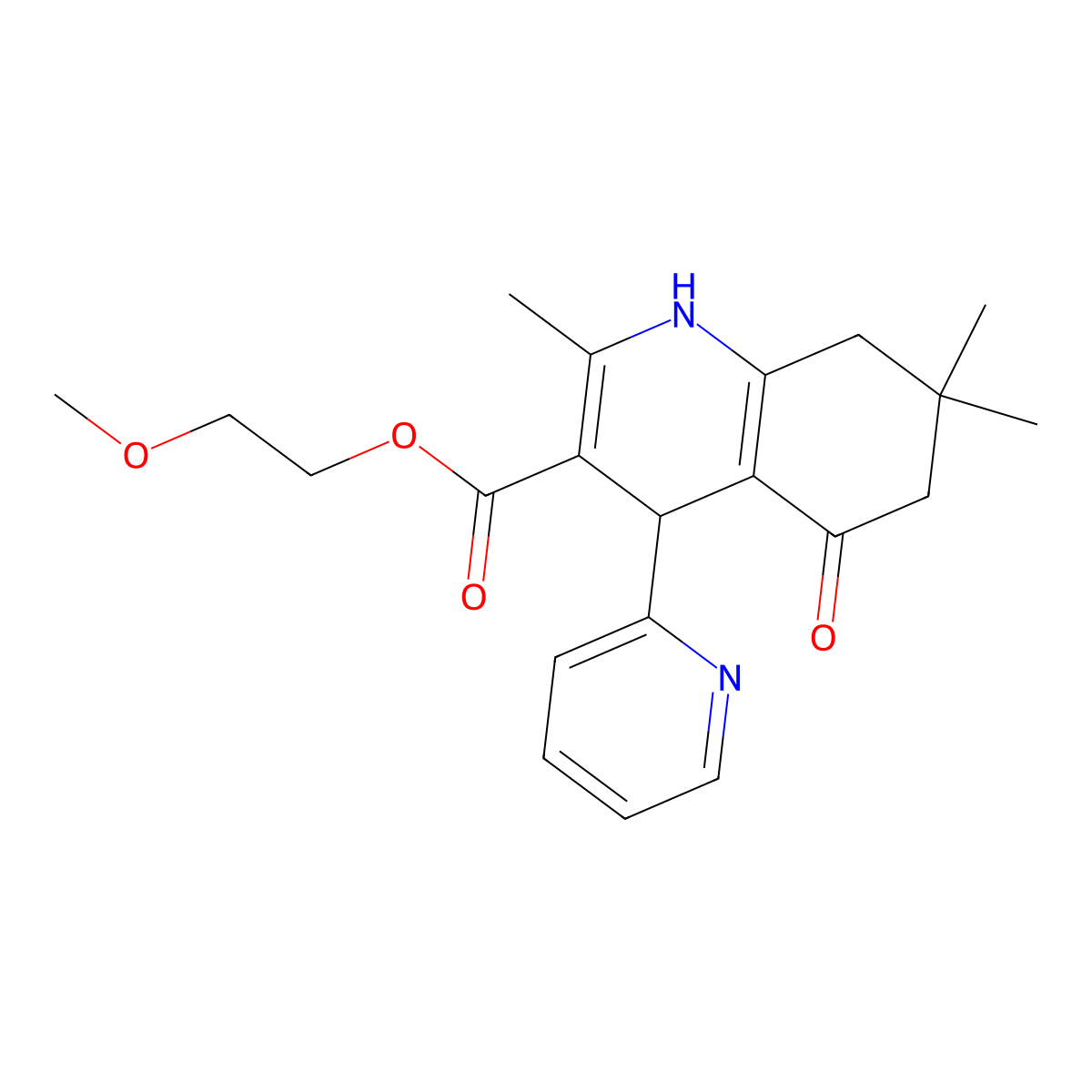 2-Methoxyethyl 2,7,7-trimethyl-5-oxo-4-(pyridin-2-yl)-1,4,5,6,7,8-hexahydroquinoline-3-carboxylate molecular structure, CAS 299450-45-6