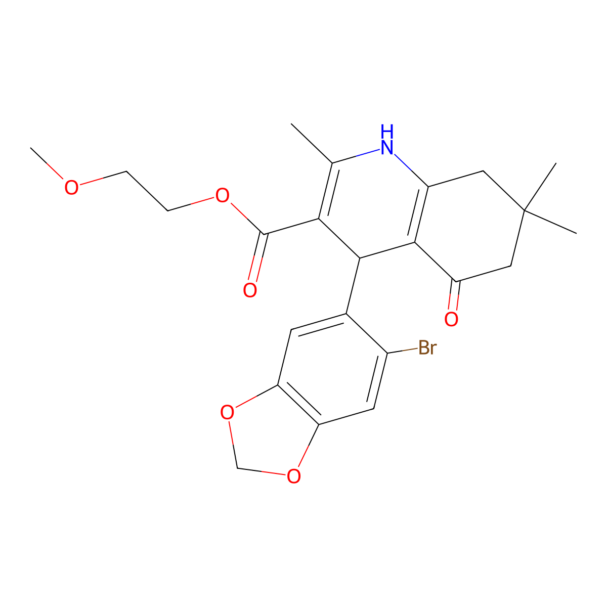 2-Methoxyethyl 4-(6-bromo-1,3-benzodioxol-5-yl)-2,7,7-trimethyl-5-oxo-1,4,5,6,7,8-hexahydroquinoline-3-carboxylate molecular structure, CAS 299450-56-9