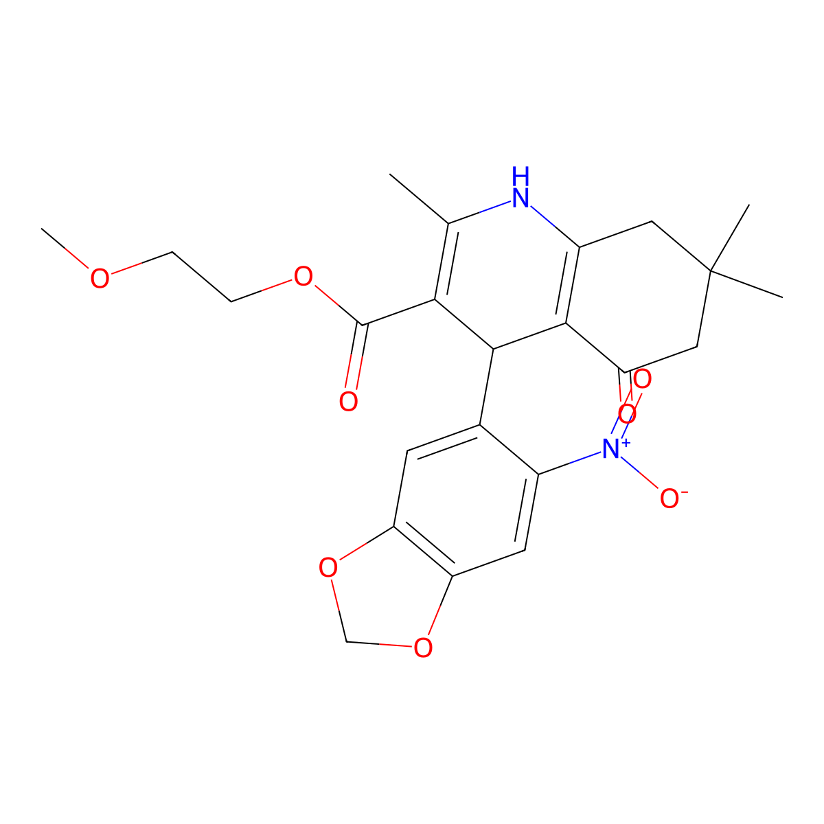 2-Methoxyethyl 2,7,7-trimethyl-4-(6-nitro-1,3-benzodioxol-5-yl)-5-oxo-1,4,5,6,7,8-hexahydroquinoline-3-carboxylate molecular structure, CAS 299450-57-0