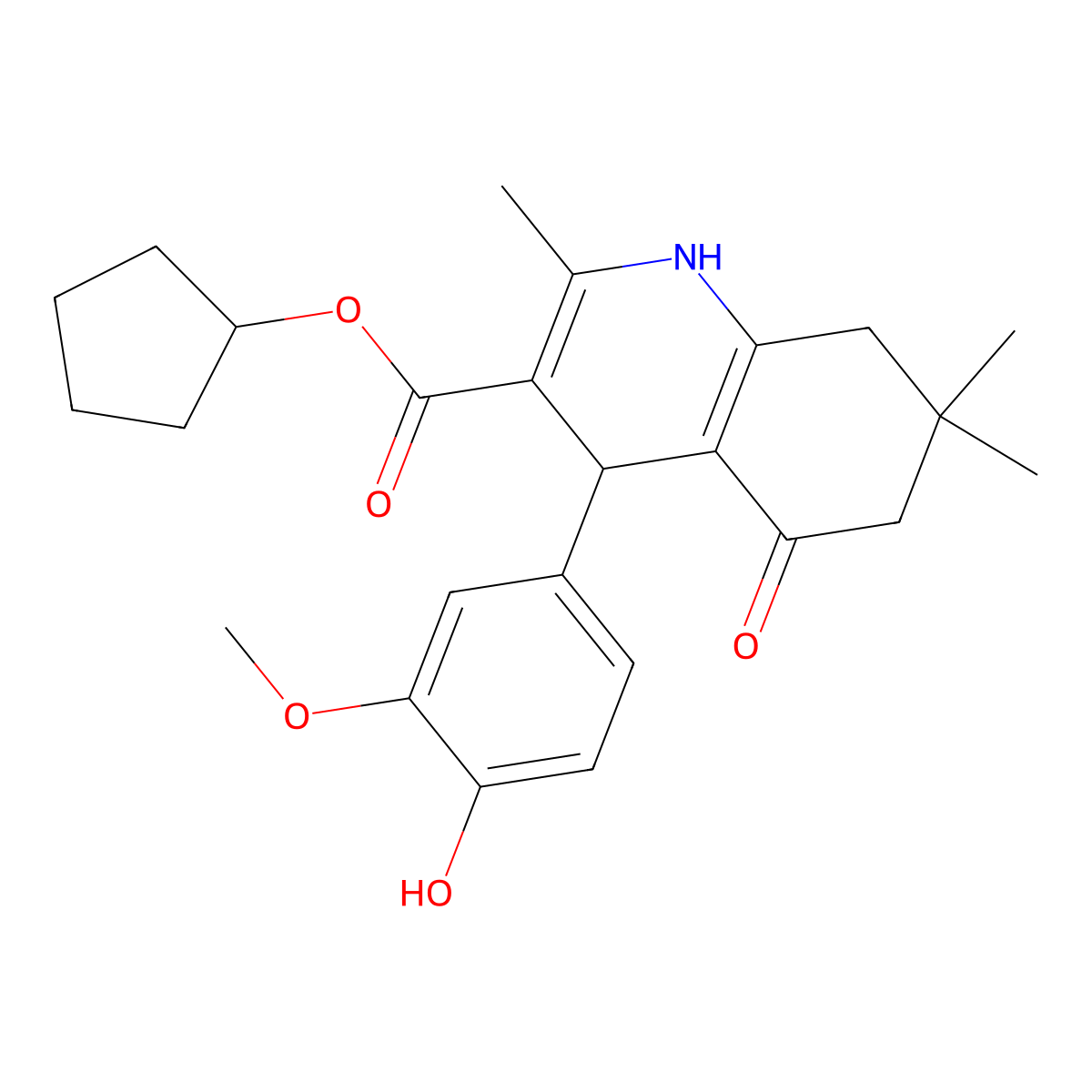 Cyclopentyl 4-(4-hydroxy-3-methoxyphenyl)-2,7,7-trimethyl-5-oxo-1,4,6,8-tetrahydroquinoline-3-carboxylate molecular structure, CAS 299450-84-3
