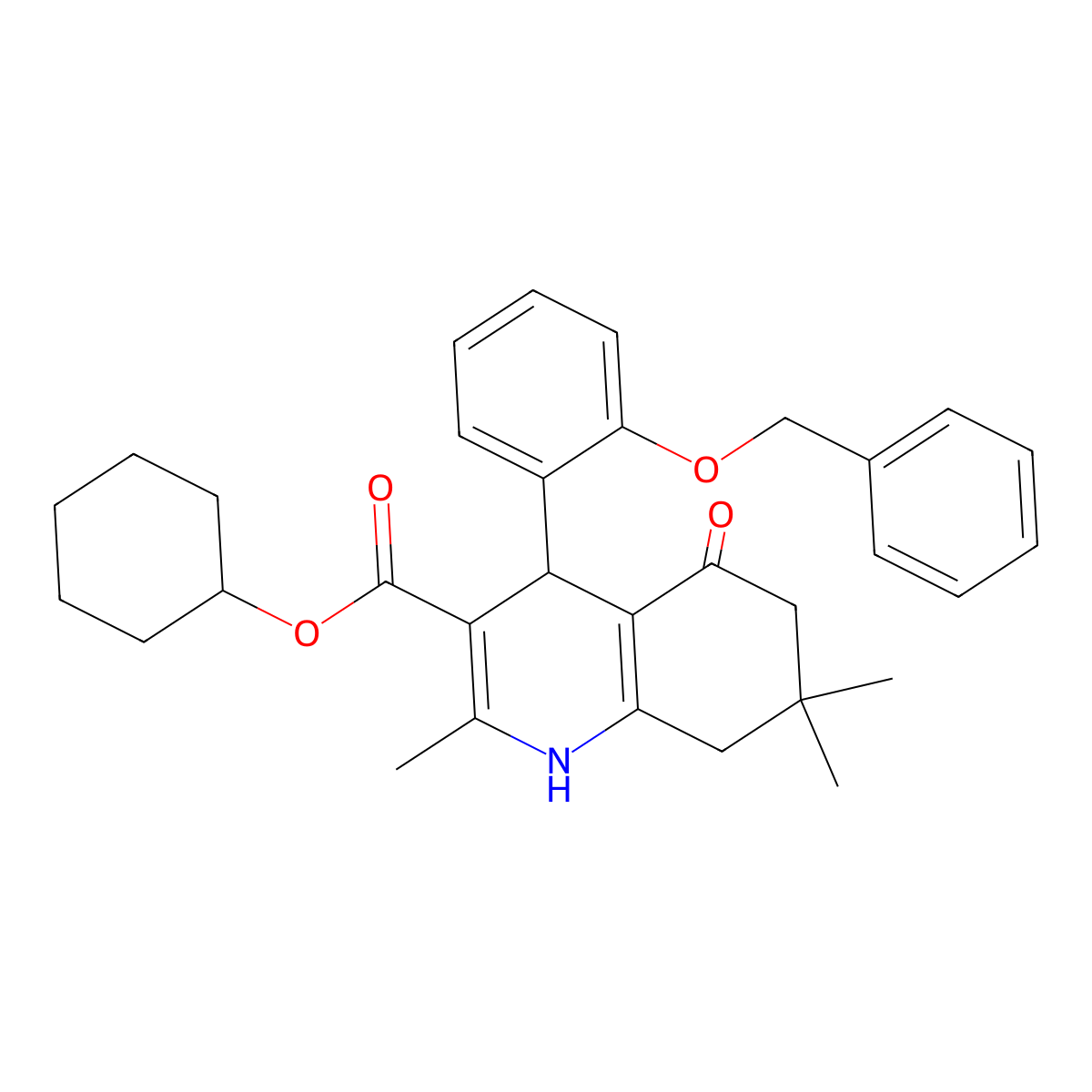 Cyclohexyl 4-[2-(benzyloxy)phenyl]-2,7,7-trimethyl-5-oxo-1,4,5,6,7,8-hexahydroquinoline-3-carboxylate molecular structure, CAS 299451-06-2