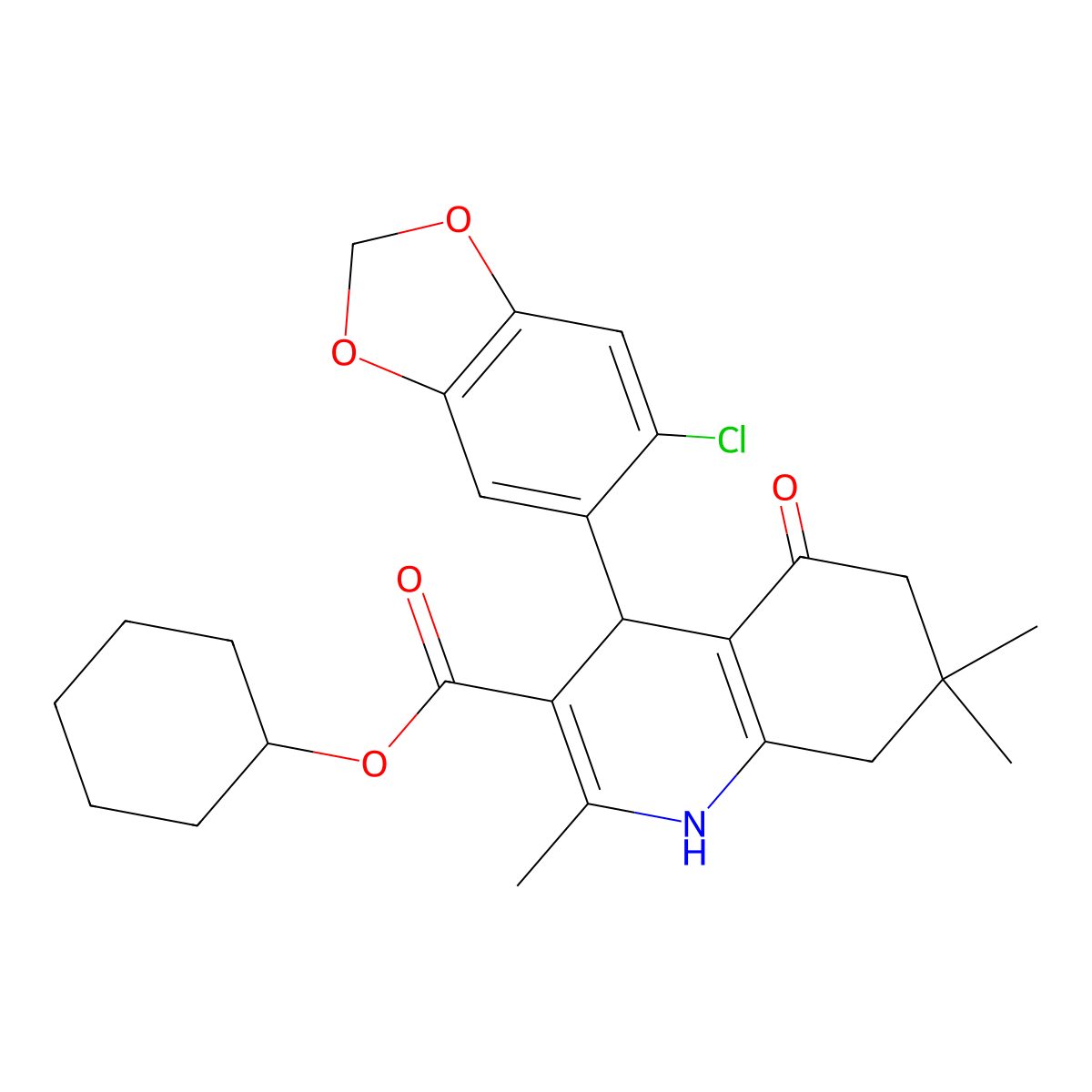 Cyclohexyl 4-(6-chloro-1,3-benzodioxol-5-yl)-2,7,7-trimethyl-5-oxo-1,4,6,8-tetrahydroquinoline-3-carboxylate molecular structure, CAS 299451-11-9