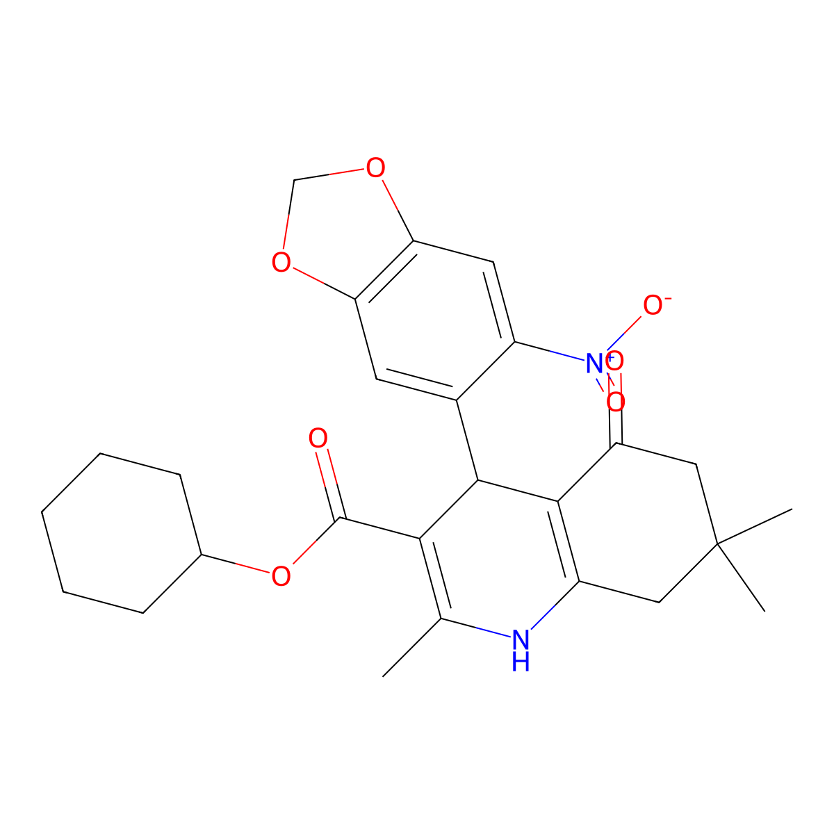 Cyclohexyl 2,7,7-trimethyl-4-(6-nitro-1,3-benzodioxol-5-yl)-5-oxo-1,4,5,6,7,8-hexahydroquinoline-3-carboxylate molecular structure, CAS 299451-12-0