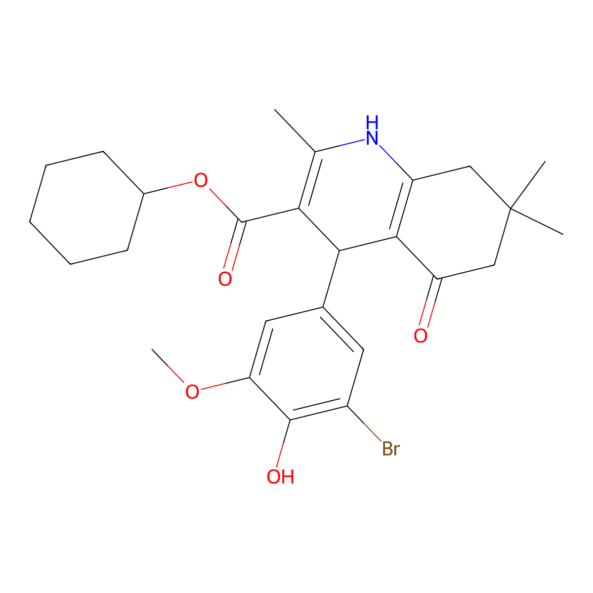Cyclohexyl 4-(3-bromo-4-hydroxy-5-methoxyphenyl)-2,7,7-trimethyl-5-oxo-1,4,5,6,7,8-hexahydroquinoline-3-carboxylate molecular structure, CAS 299451-18-6