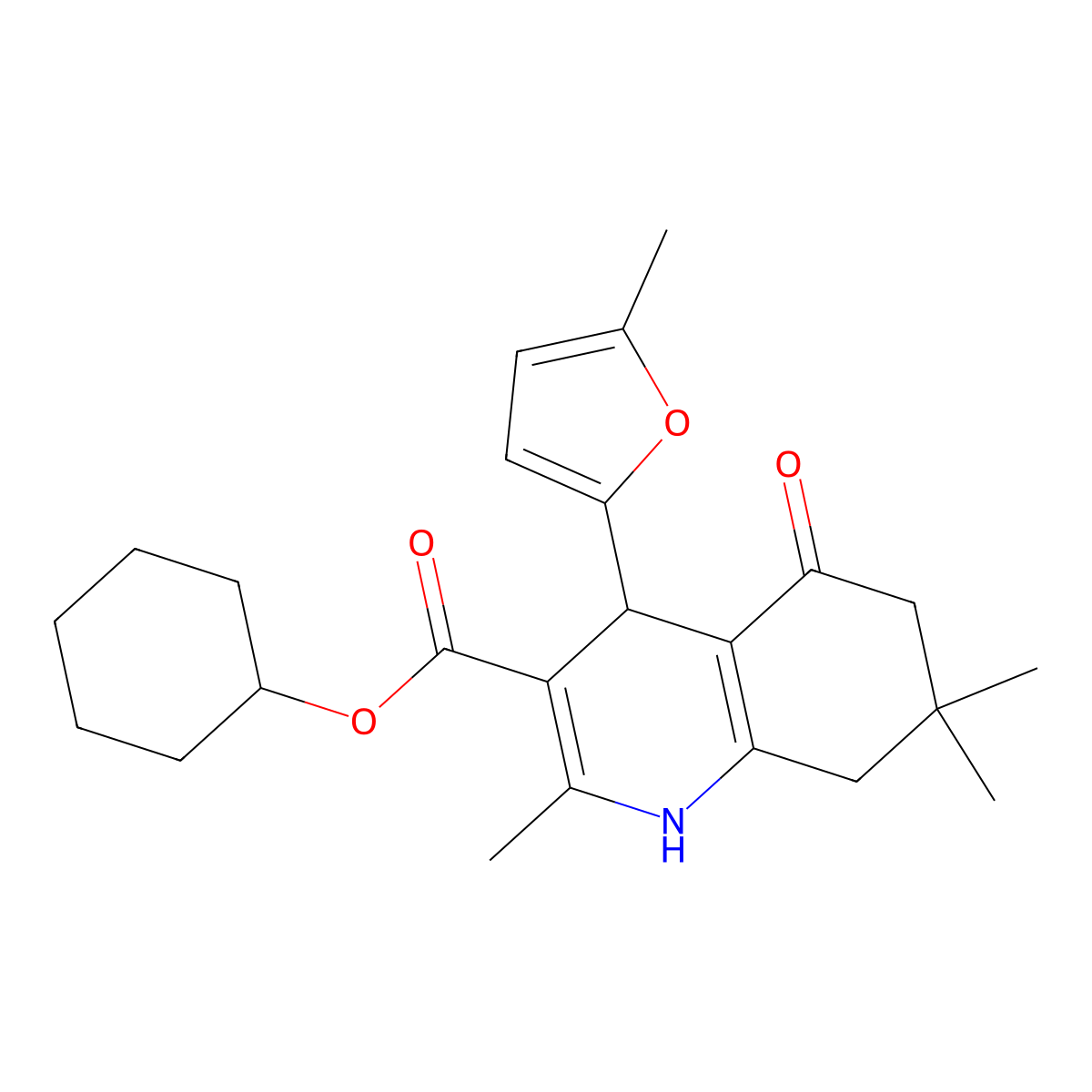 Cyclohexyl 2,7,7-trimethyl-4-(5-methylfuran-2-yl)-5-oxo-1,4,5,6,7,8-hexahydroquinoline-3-carboxylate molecular structure, CAS 299451-22-2
