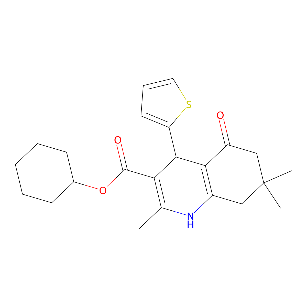 Cyclohexyl 2,7,7-trimethyl-5-oxo-4-(thiophen-2-yl)-1,4,5,6,7,8-hexahydroquinoline-3-carboxylate molecular structure, CAS 299451-23-3