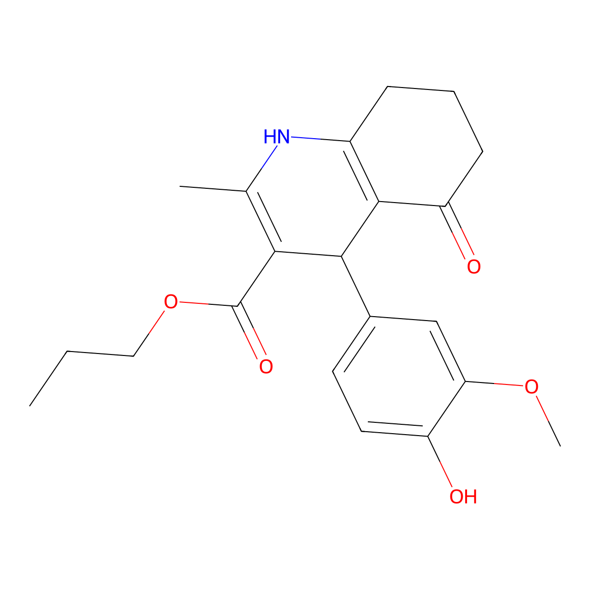 Propyl 4-(4-hydroxy-3-methoxyphenyl)-2-methyl-5-oxo-1,4,5,6,7,8-hexahydroquinoline-3-carboxylate molecular structure, CAS 299452-12-3