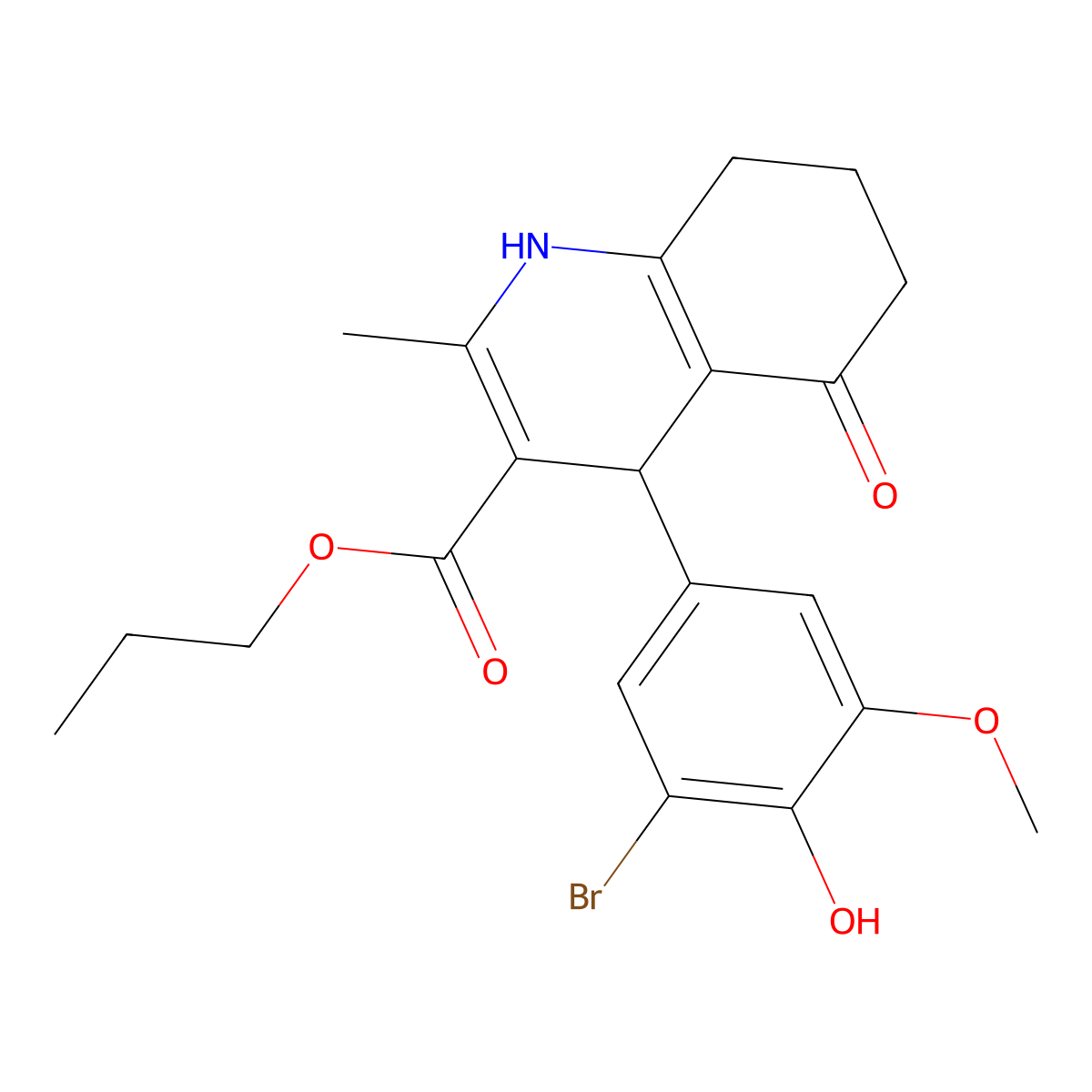 Propyl 4-(3-bromo-4-hydroxy-5-methoxyphenyl)-2-methyl-5-oxo-1,4,5,6,7,8-hexahydroquinoline-3-carboxylate molecular structure, CAS 299452-13-4