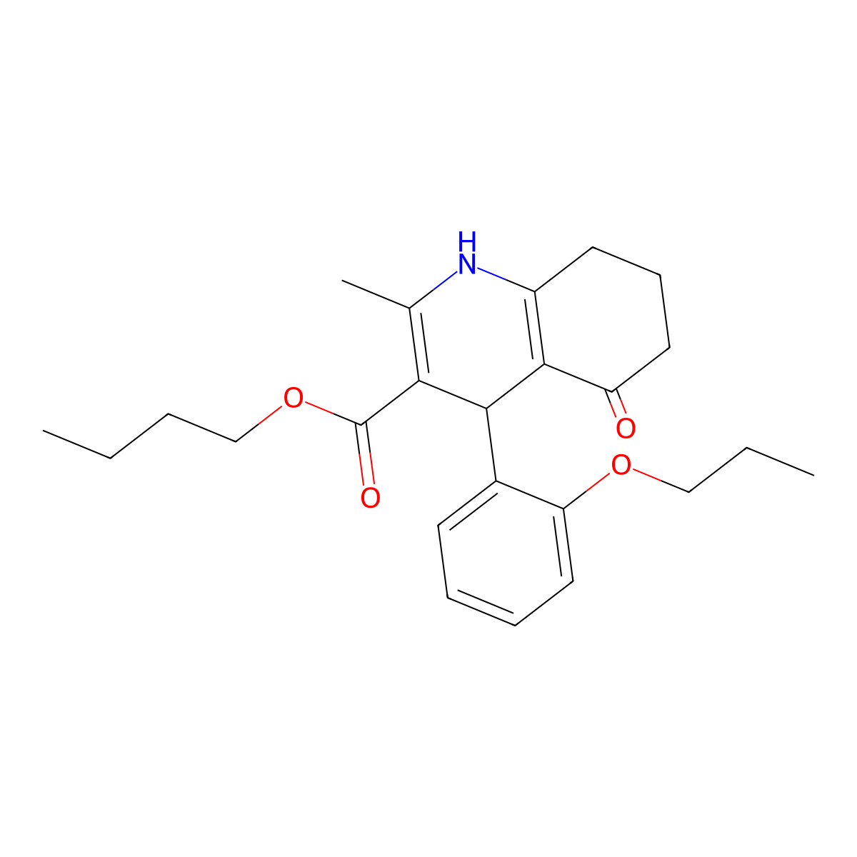 Butyl 2-methyl-5-oxo-4-(2-propoxyphenyl)-1,4,5,6,7,8-hexahydroquinoline-3-carboxylate molecular structure, CAS 299452-35-0
