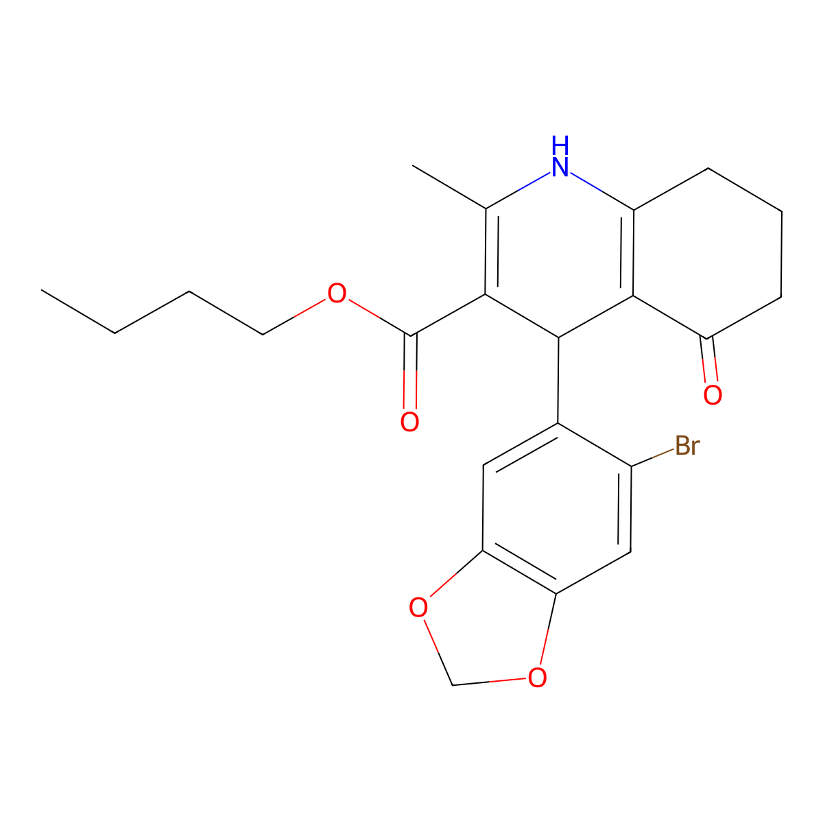 Butyl 4-(6-bromo-1,3-benzodioxol-5-yl)-2-methyl-5-oxo-1,4,5,6,7,8-hexahydroquinoline-3-carboxylate molecular structure, CAS 299452-42-9