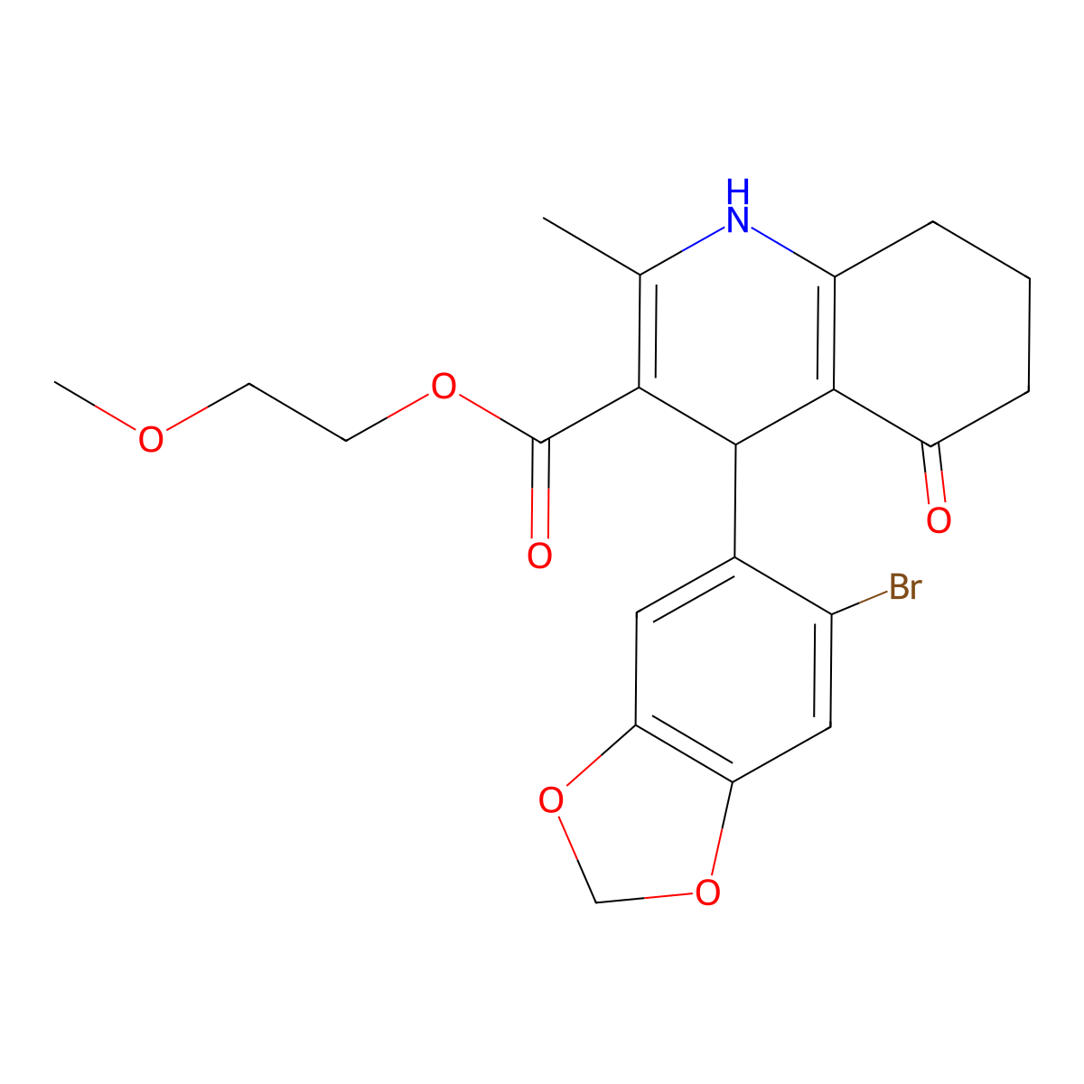 2-methoxyethyl 4-(6-bromo-1,3-benzodioxol-5-yl)-2-methyl-5-oxo-4,6,7,8-tetrahydro-1H-quinoline-3-carboxylate molecular structure, CAS 299452-68-9
