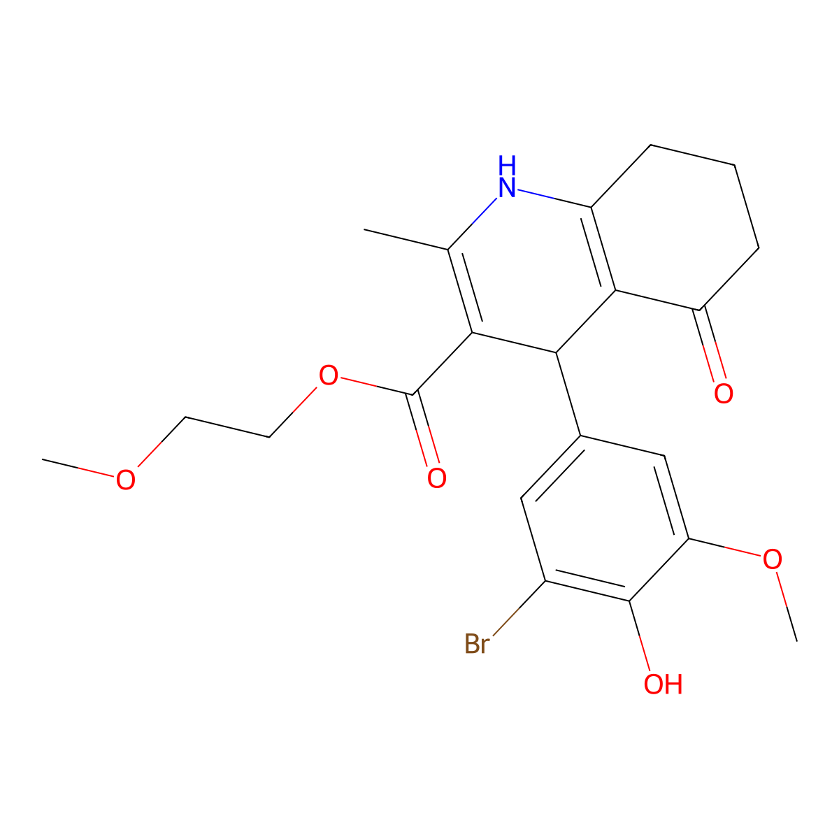 2-Methoxyethyl 4-(3-bromo-4-hydroxy-5-methoxyphenyl)-2-methyl-5-oxo-1,4,5,6,7,8-hexahydroquinoline-3-carboxylate molecular structure, CAS 299452-74-7