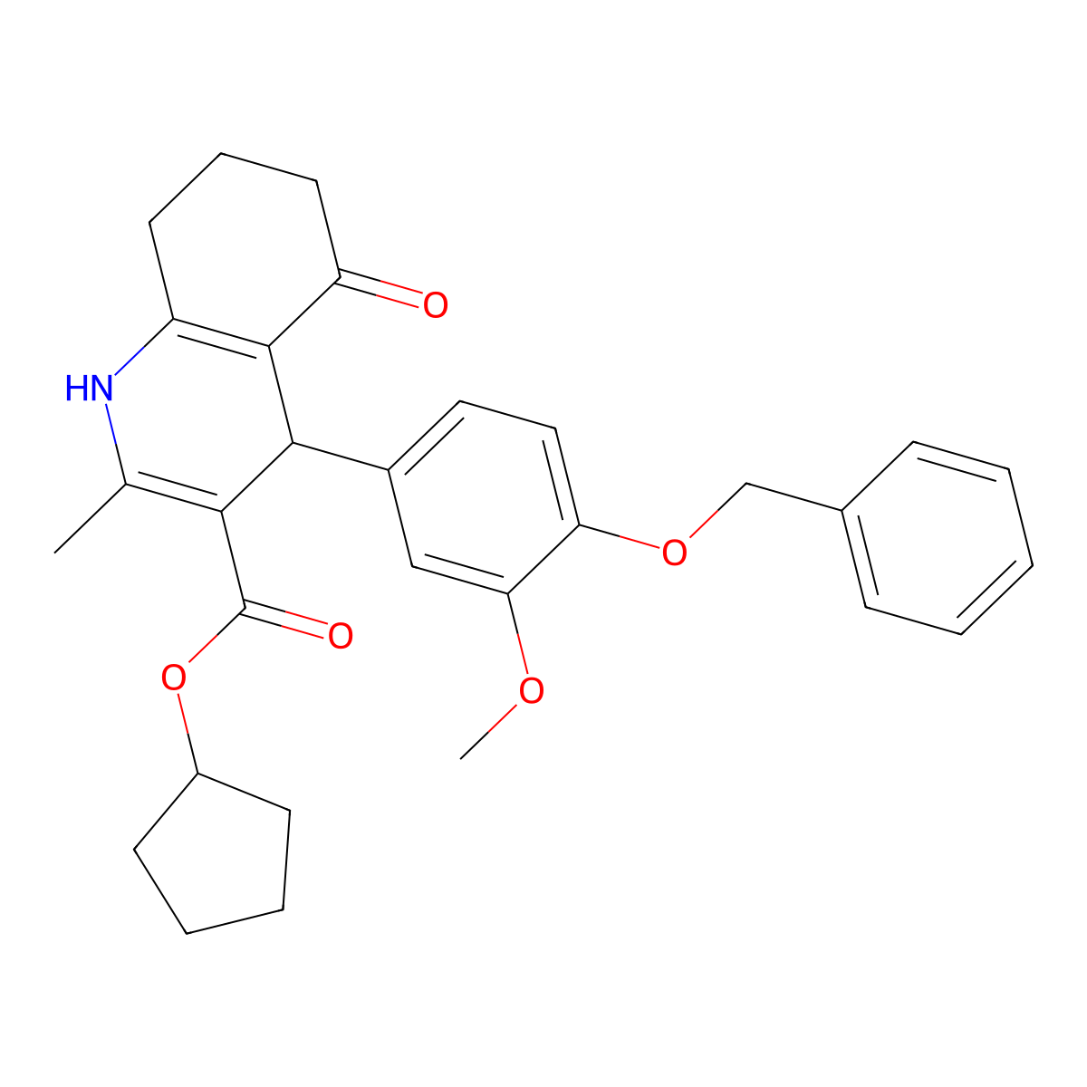 Cyclopentyl 4-[4-(benzyloxy)-3-methoxyphenyl]-2-methyl-5-oxo-1,4,5,6,7,8-hexahydroquinoline-3-carboxylate molecular structure, CAS 299453-12-6