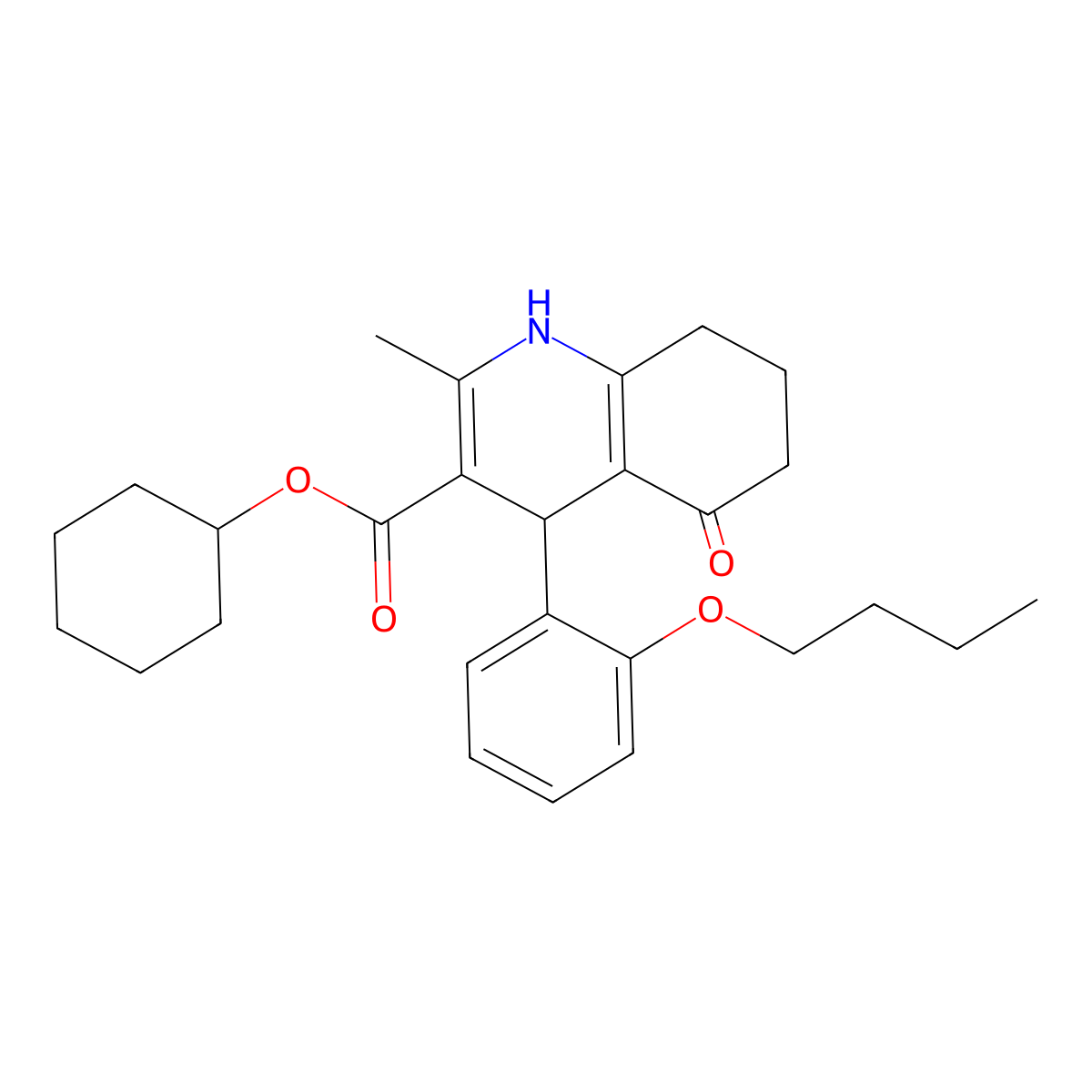 Cyclohexyl 4-(2-butoxyphenyl)-2-methyl-5-oxo-1,4,5,6,7,8-hexahydroquinoline-3-carboxylate molecular structure, CAS 299453-32-0