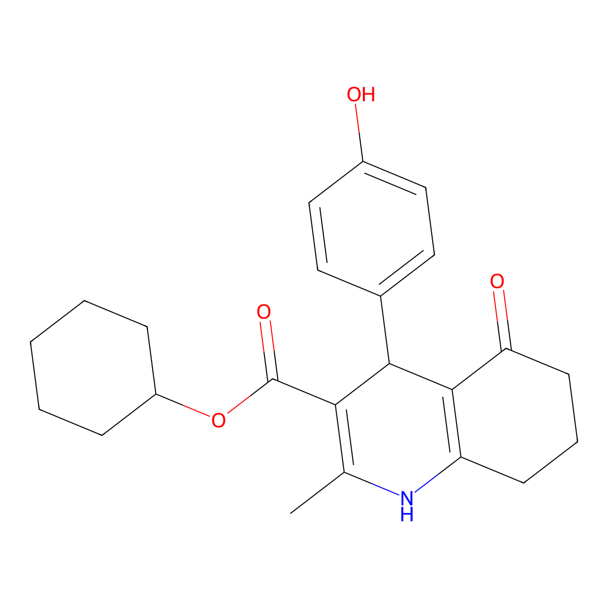 Cyclohexyl 4-(4-hydroxyphenyl)-2-methyl-5-oxo-1,4,5,6,7,8-hexahydroquinoline-3-carboxylate molecular structure, CAS 299453-45-5
