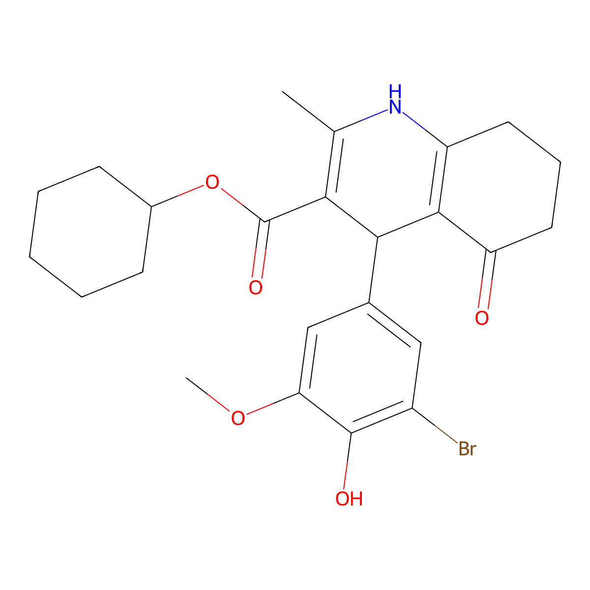 Cyclohexyl 4-(3-bromo-4-hydroxy-5-methoxyphenyl)-2-methyl-5-oxo-1,4,5,6,7,8-hexahydroquinoline-3-carboxylate molecular structure, CAS 299453-47-7